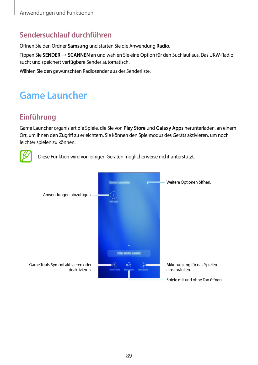 Samsung SM2J510FZKNDDE, SM-J510FZKNOPT, SM-J510FZDNMEO, SM-J510FZDNATO manual Game Launcher, Sendersuchlauf durchführen 