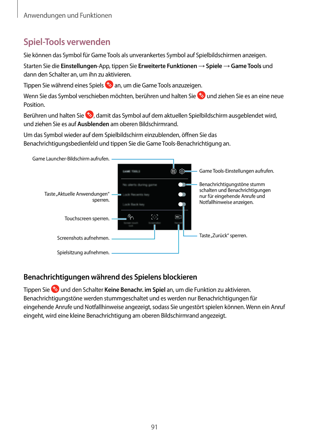 Samsung SM-J510FZWNEUR, SM-J510FZKNOPT manual Spiel-Tools verwenden, Benachrichtigungen während des Spielens blockieren 