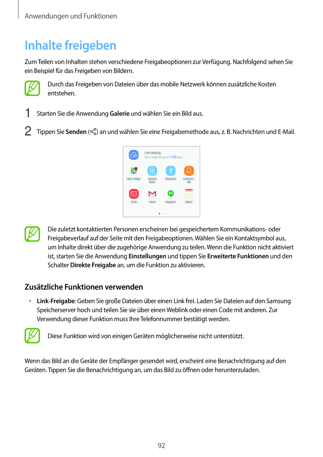 Samsung SM-J510FZKNTCL, SM-J510FZKNOPT, SM-J510FZDNMEO, SM-J510FZDNATO Inhalte freigeben, Zusätzliche Funktionen verwenden 