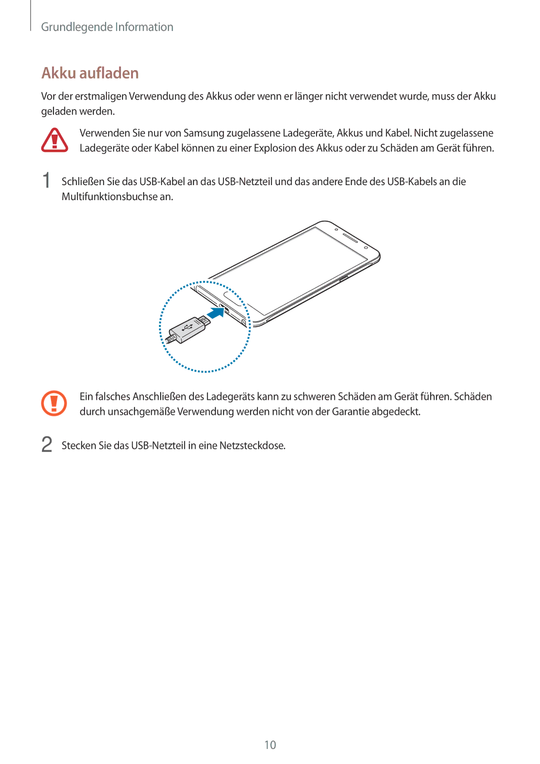 Samsung SM-J510FZKNATO, SM-J510FZKNOPT, SM-J510FZDNMEO, SM-J510FZDNATO, SM-J510FZDNEUR, SM-J510FZDNVGR manual Akku aufladen 