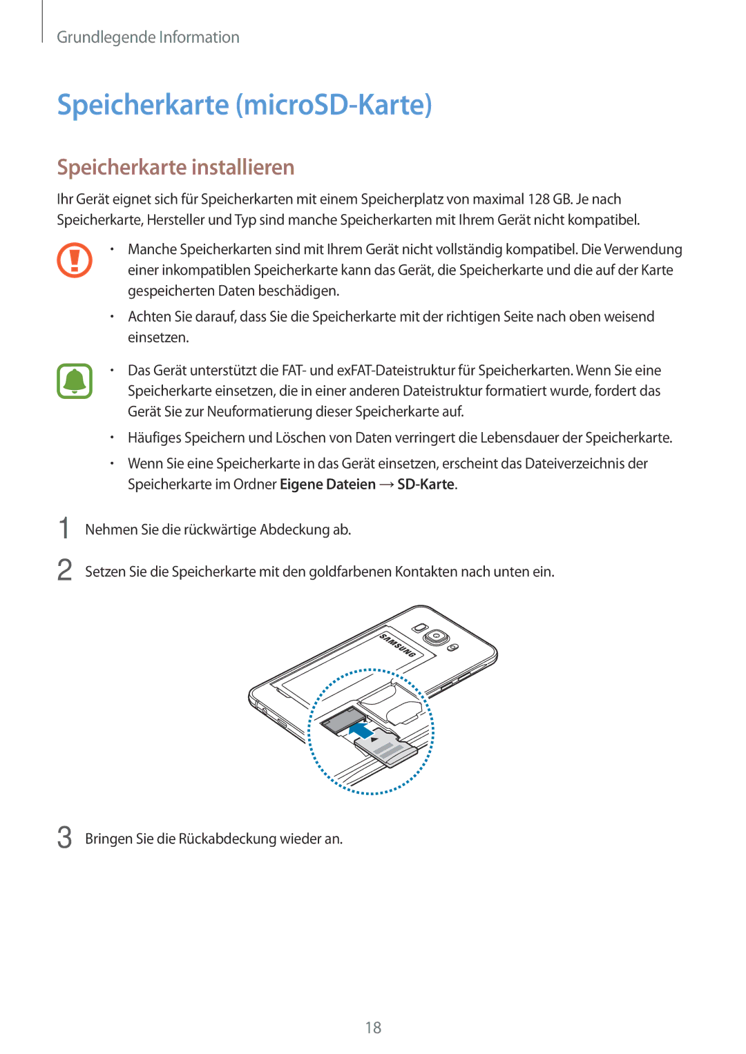 Samsung SM-J510FZWNCOS, SM-J510FZKNOPT, SM-J510FZDNMEO manual Speicherkarte microSD-Karte, Speicherkarte installieren 