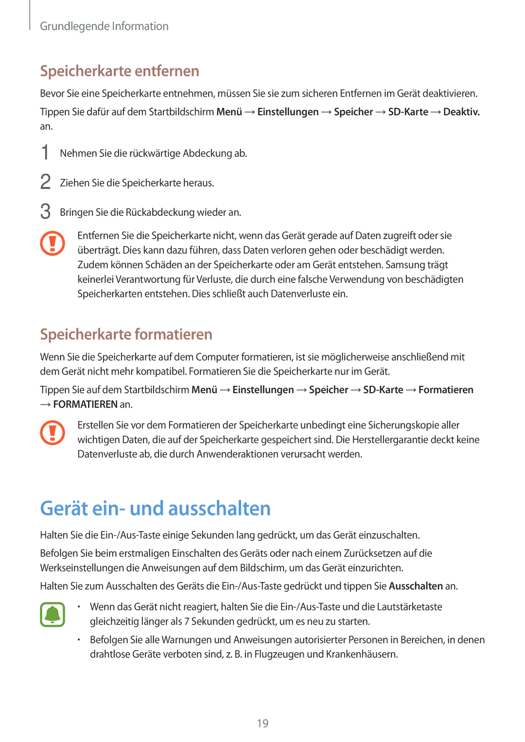 Samsung SM-J510FZKNVD2, SM-J510FZKNOPT manual Gerät ein- und ausschalten, Speicherkarte entfernen, Speicherkarte formatieren 