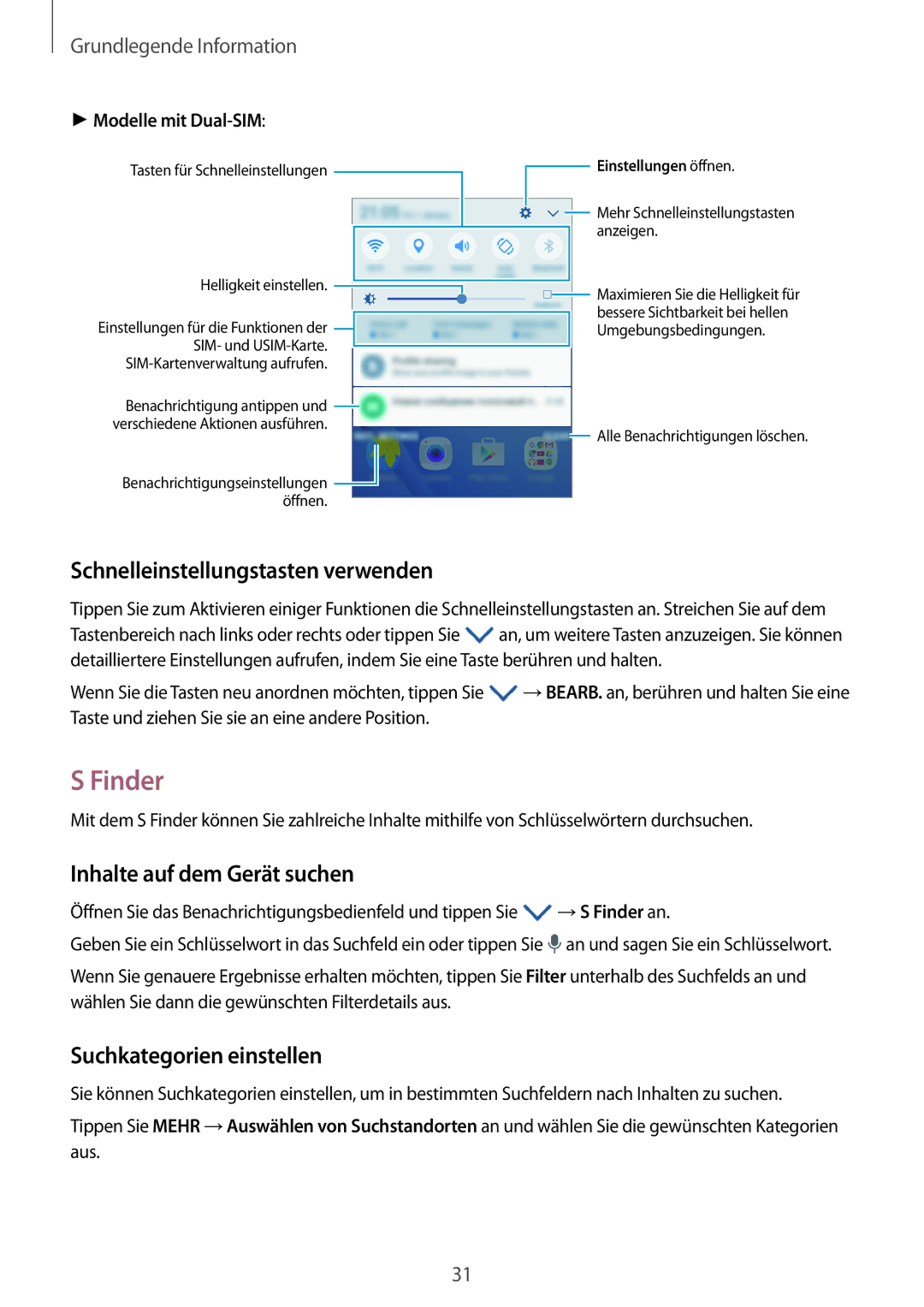 Samsung SM-J510FZDNXEF, SM-J510FZKNOPT manual Finder, Schnelleinstellungstasten verwenden, Inhalte auf dem Gerät suchen 