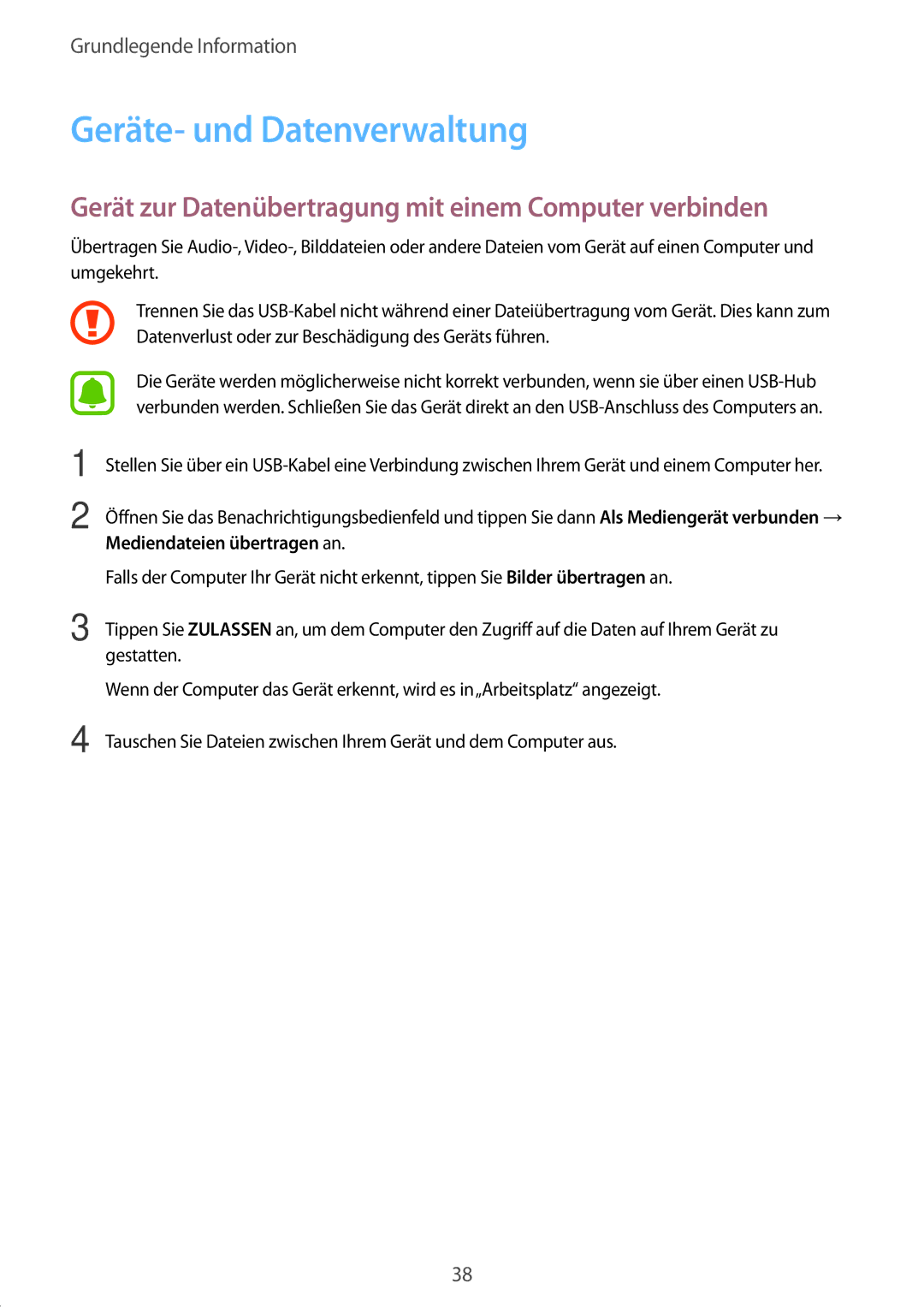 Samsung SM-J510FZWNVGR manual Geräte- und Datenverwaltung, Gerät zur Datenübertragung mit einem Computer verbinden 