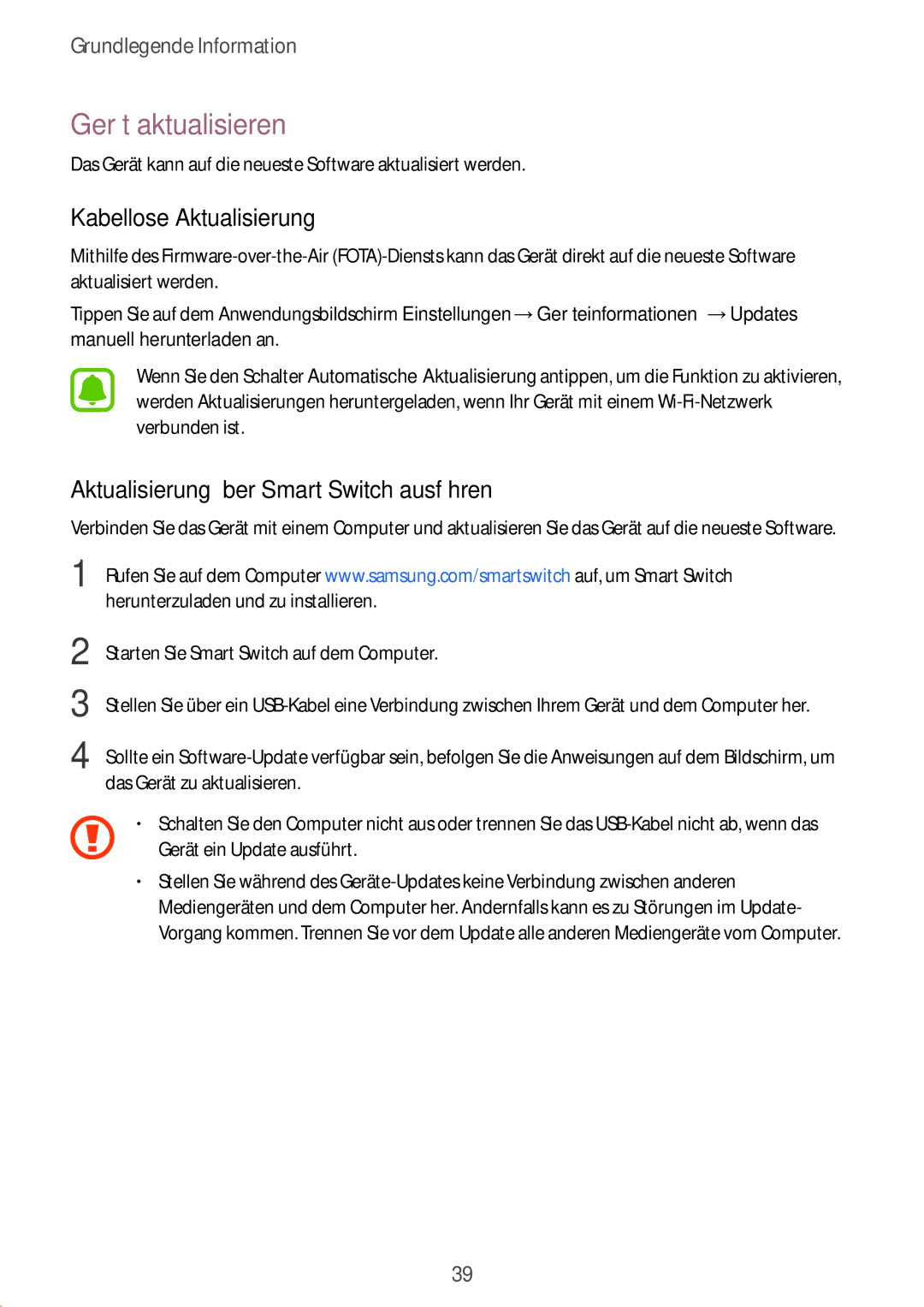 Samsung SM-J510FZWNATO manual Gerät aktualisieren, Kabellose Aktualisierung, Aktualisierung über Smart Switch ausführen 