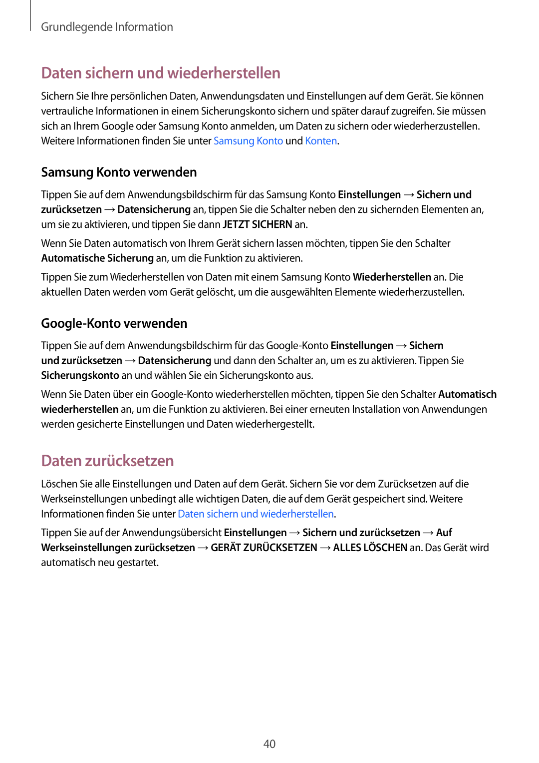 Samsung SM-J510FZKNCOS, SM-J510FZKNOPT Daten sichern und wiederherstellen, Daten zurücksetzen, Samsung Konto verwenden 