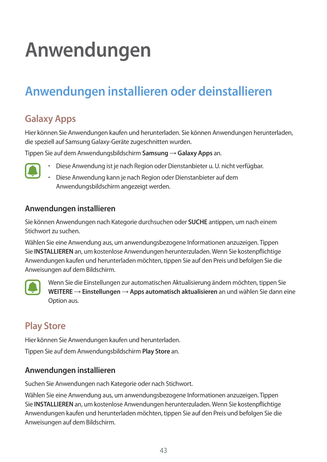 Samsung SM-J510FZKNATO, SM-J510FZKNOPT manual Anwendungen installieren oder deinstallieren, Galaxy Apps, Play Store 