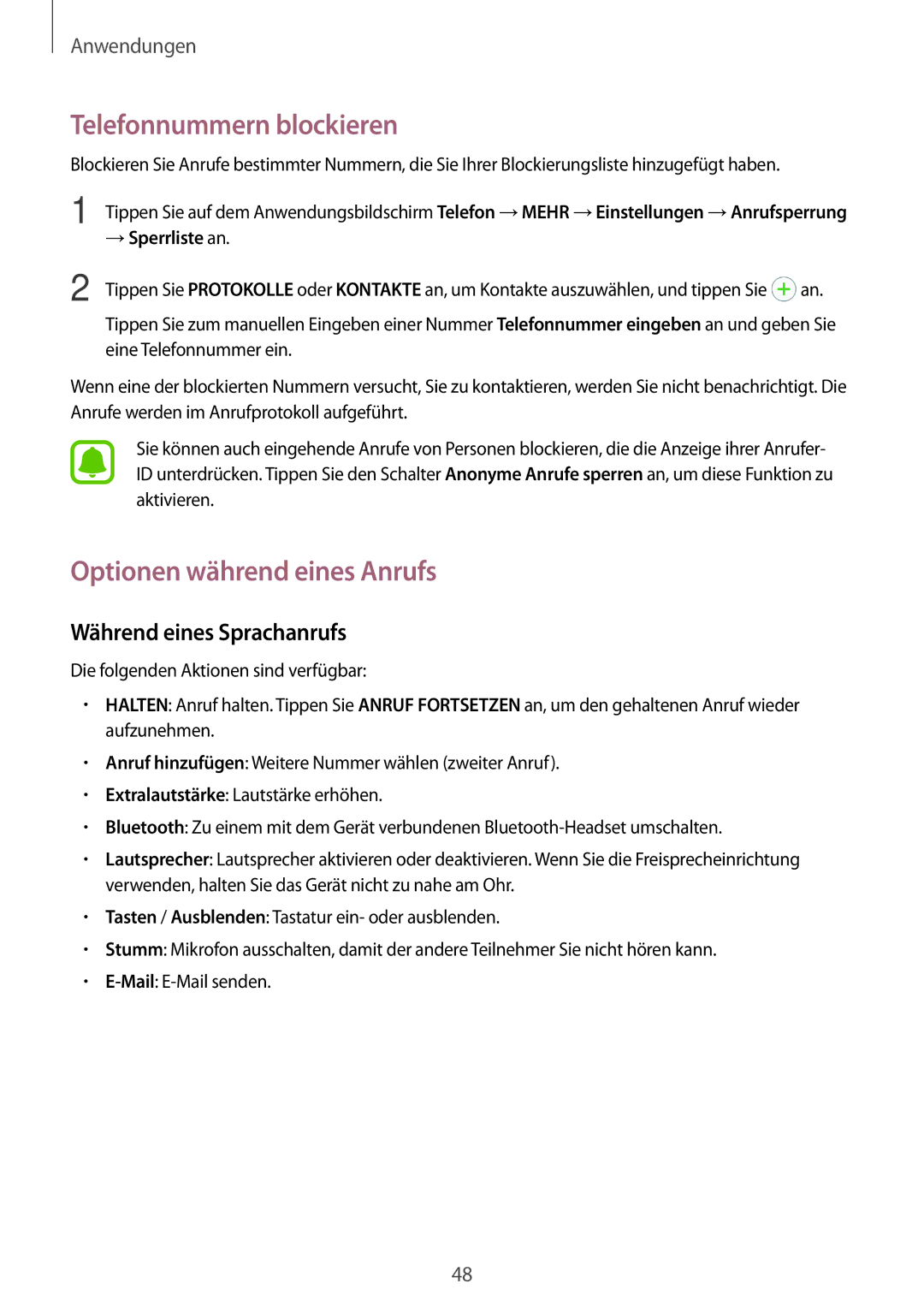 Samsung SM-J510FZDUDBT manual Telefonnummern blockieren, Optionen während eines Anrufs, Während eines Sprachanrufs 