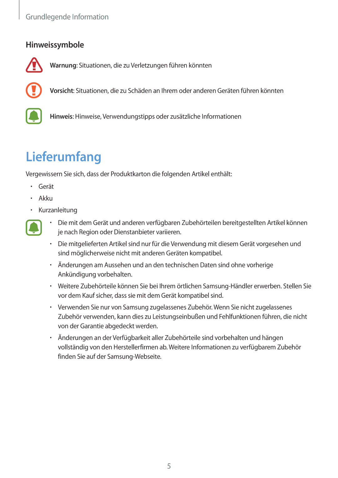 Samsung SM-J510FZWNVGR, SM-J510FZKNOPT, SM-J510FZDNMEO, SM-J510FZDNATO, SM-J510FZDNEUR manual Lieferumfang, Hinweissymbole 