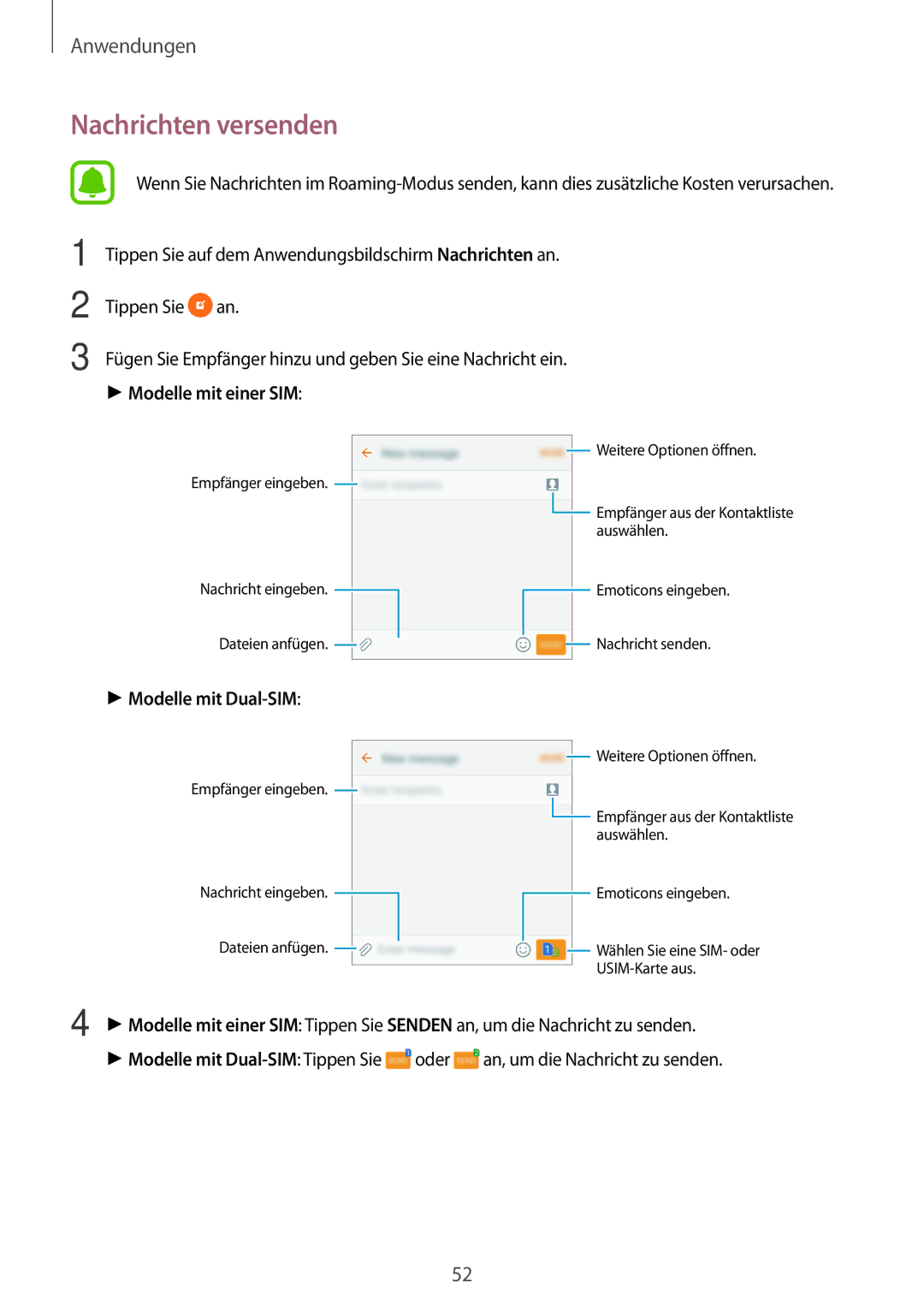 Samsung SM-J510FZKNVD2, SM-J510FZKNOPT, SM-J510FZDNMEO, SM-J510FZDNATO manual Nachrichten versenden, Modelle mit einer SIM 