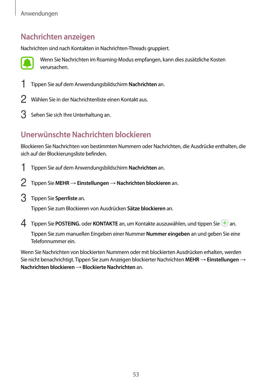 Samsung SM-J510FZKNVGR, SM-J510FZKNOPT, SM-J510FZDNMEO manual Nachrichten anzeigen, Unerwünschte Nachrichten blockieren 