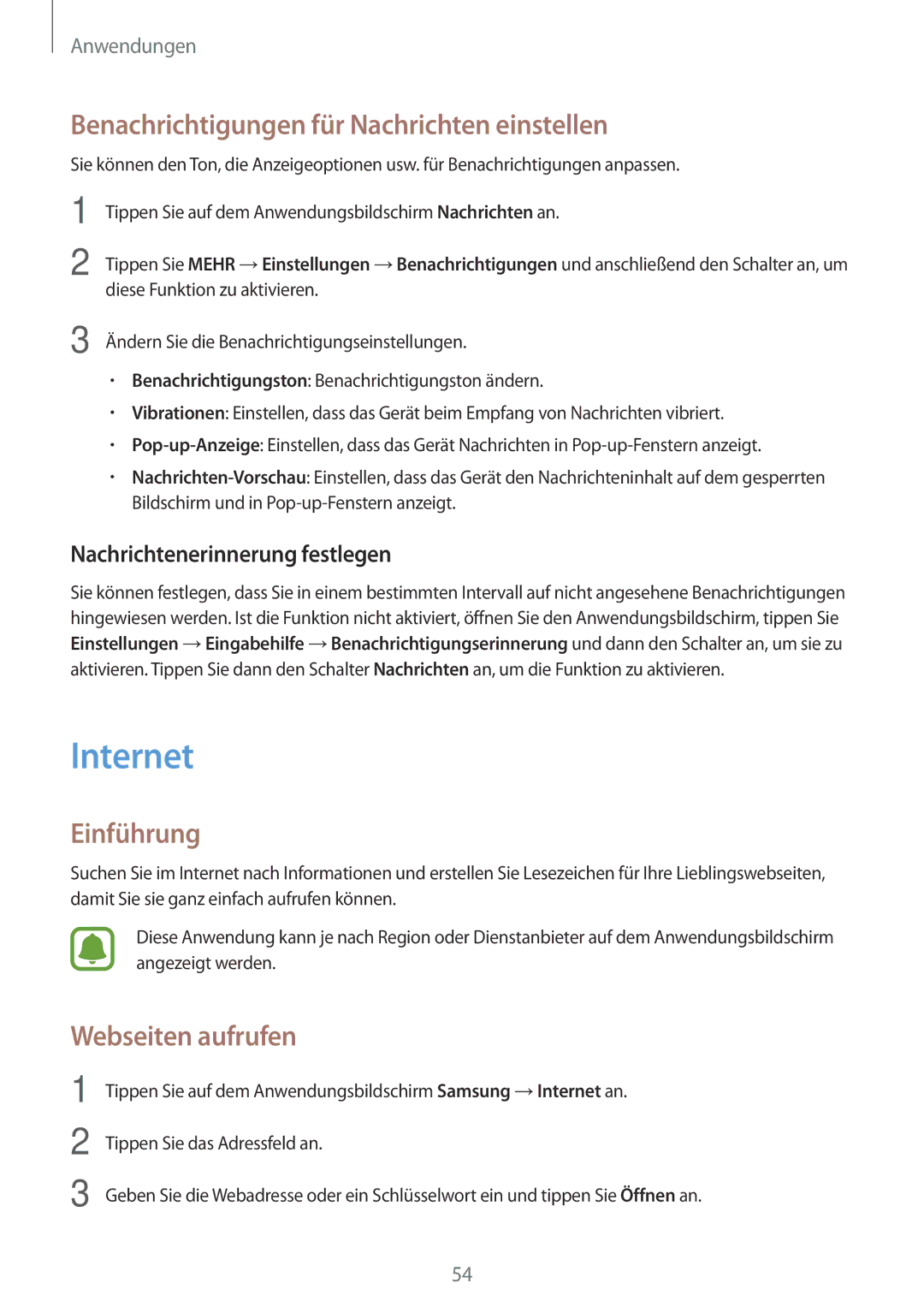 Samsung SM-J510FZDNTCL, SM-J510FZKNOPT manual Internet, Benachrichtigungen für Nachrichten einstellen, Webseiten aufrufen 