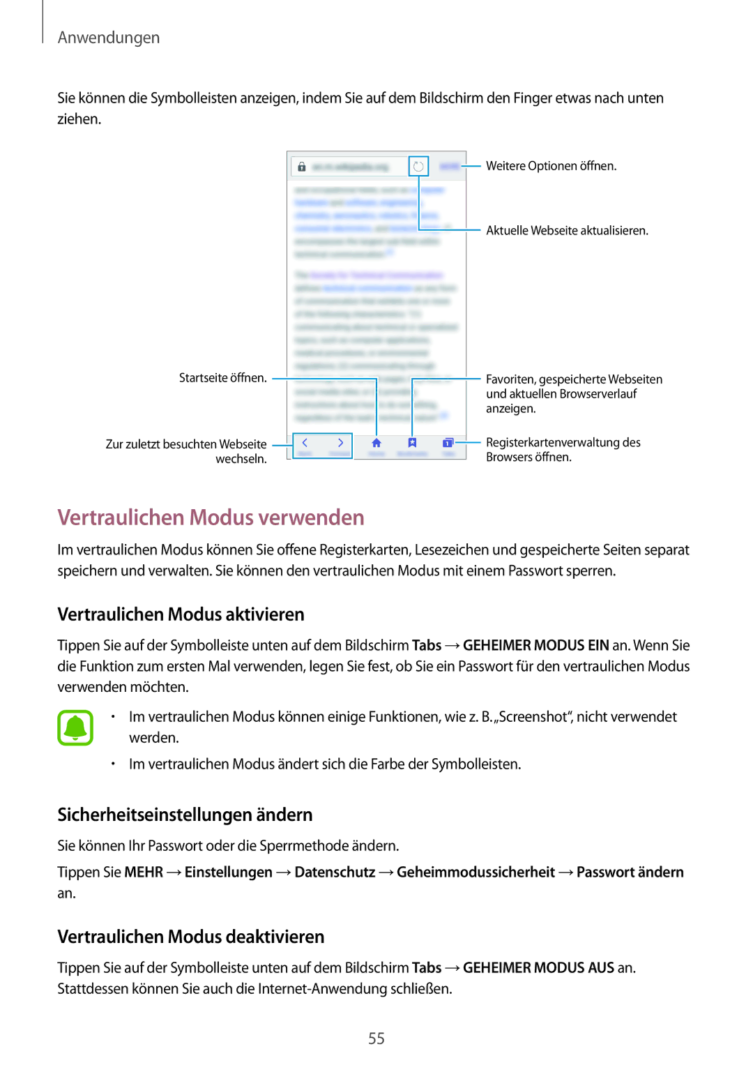 Samsung SM-J510FZDNDDE Vertraulichen Modus verwenden, Vertraulichen Modus aktivieren, Sicherheitseinstellungen ändern 