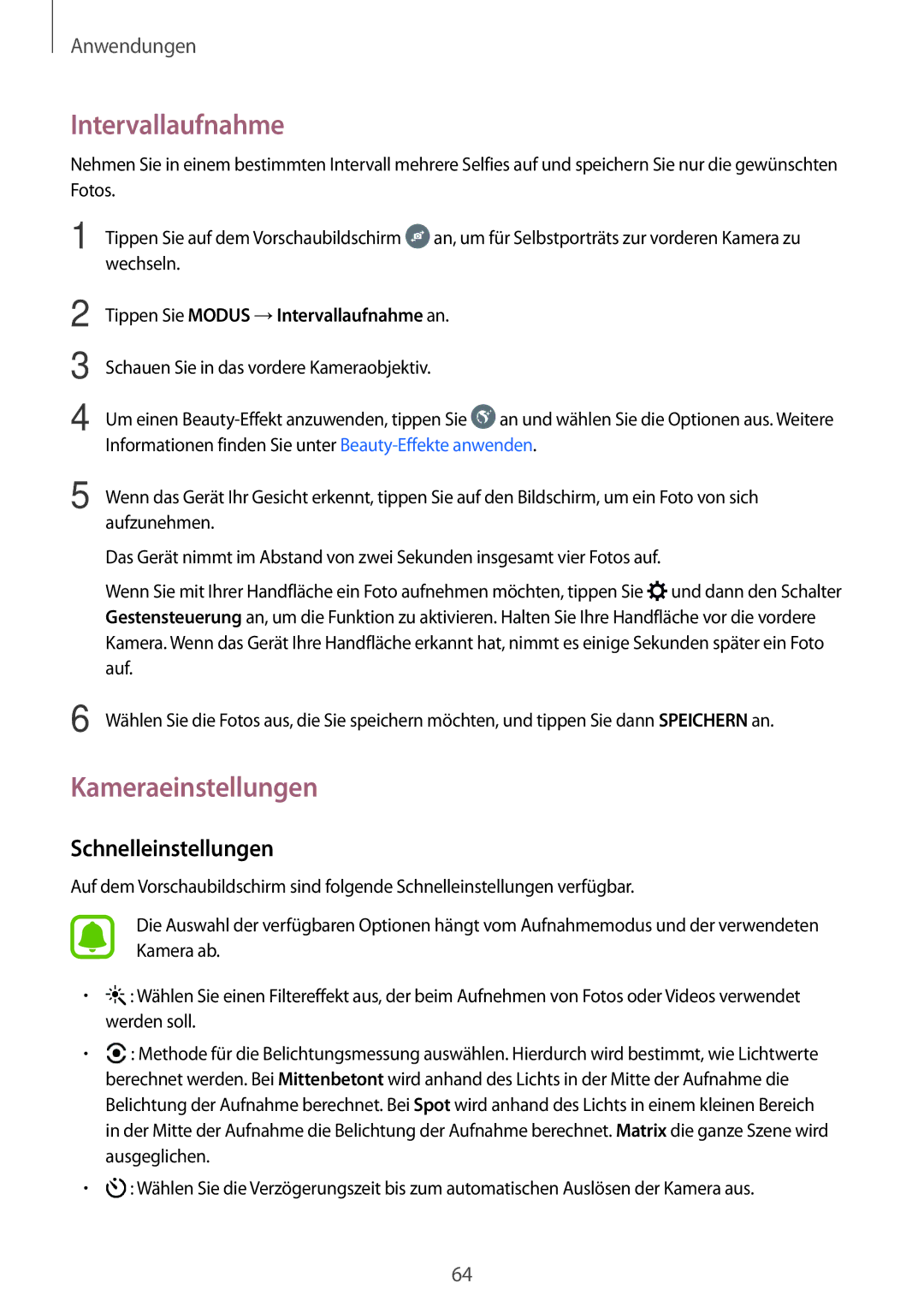 Samsung SM-J510FZDNXEF, SM-J510FZKNOPT, SM-J510FZDNMEO manual Intervallaufnahme, Kameraeinstellungen, Schnelleinstellungen 