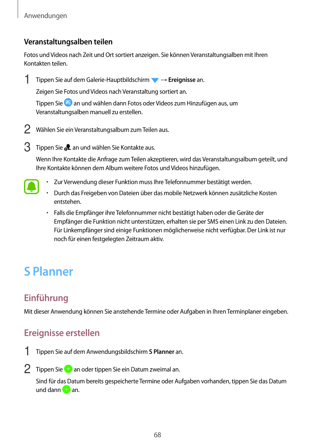 Samsung SM-J510FZDNATO, SM-J510FZKNOPT, SM-J510FZDNMEO manual Planner, Ereignisse erstellen, Veranstaltungsalben teilen 