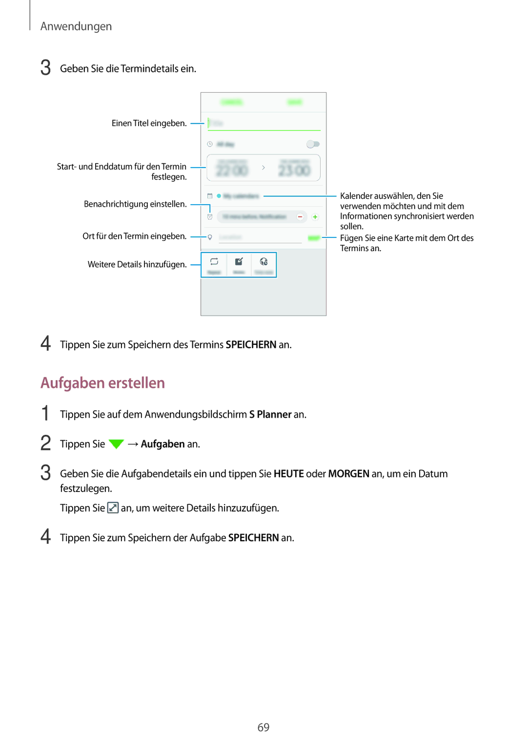 Samsung SM-J510FZDNEUR, SM-J510FZKNOPT, SM-J510FZDNMEO, SM-J510FZDNATO Aufgaben erstellen, Geben Sie die Termindetails ein 