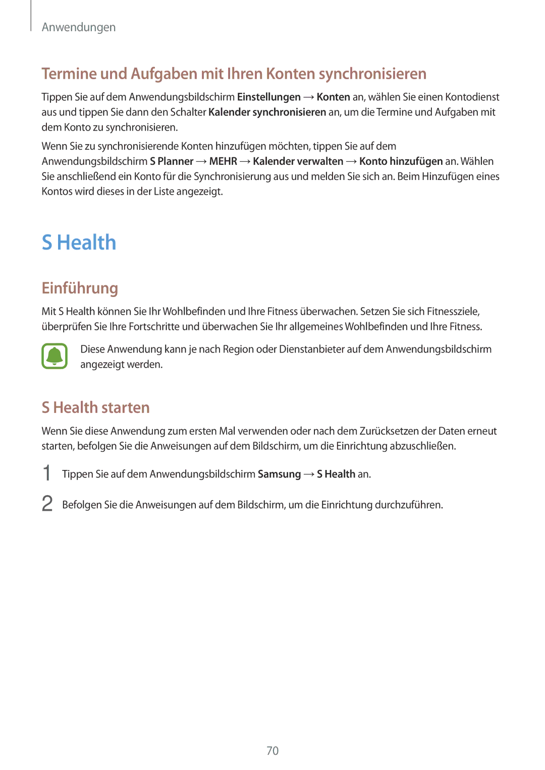 Samsung SM-J510FZDNVGR, SM-J510FZKNOPT manual Termine und Aufgaben mit Ihren Konten synchronisieren, Health starten 