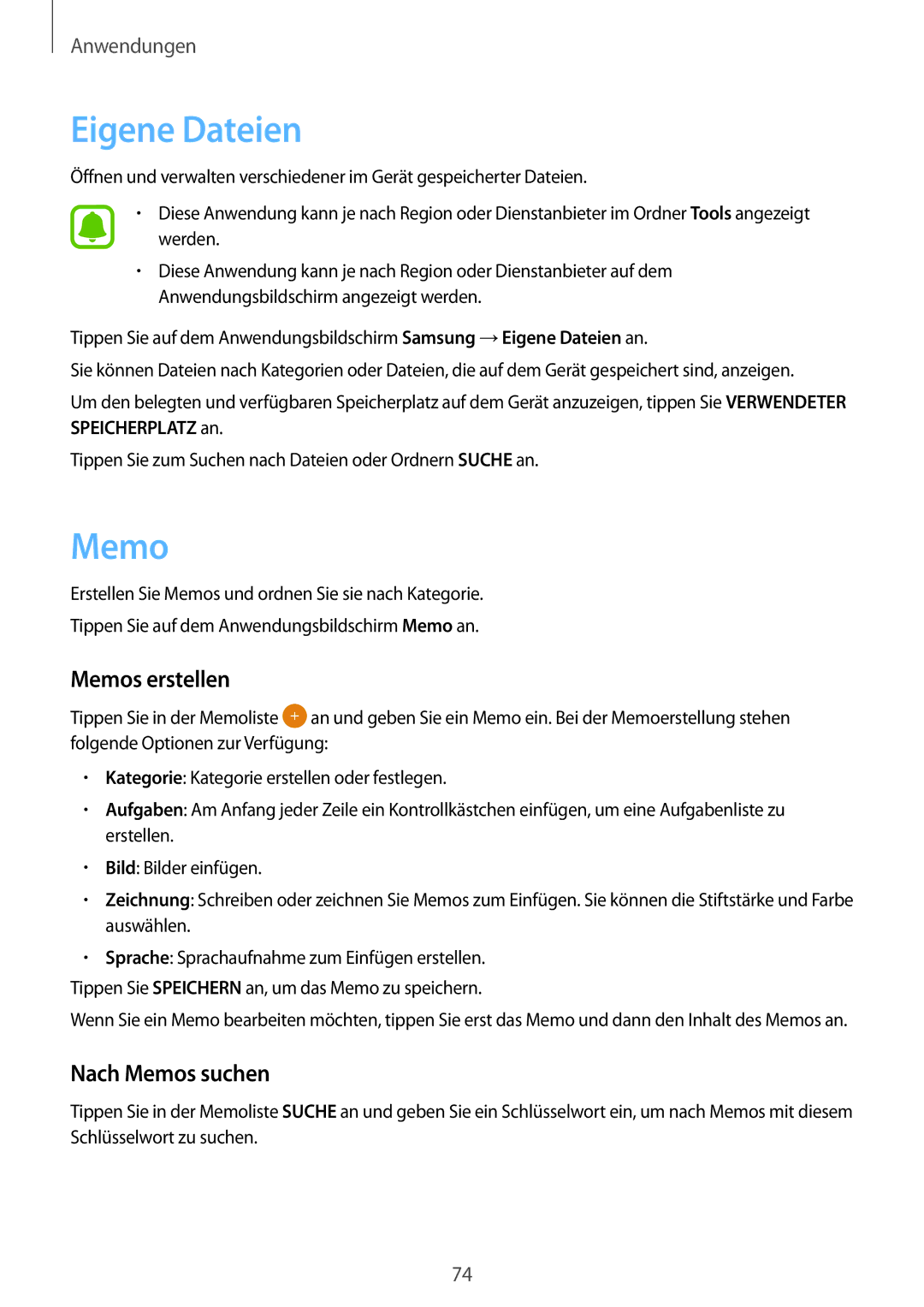 Samsung SM-J510FZDNOPT, SM-J510FZKNOPT, SM-J510FZDNMEO manual Eigene Dateien, Memos erstellen, Nach Memos suchen 