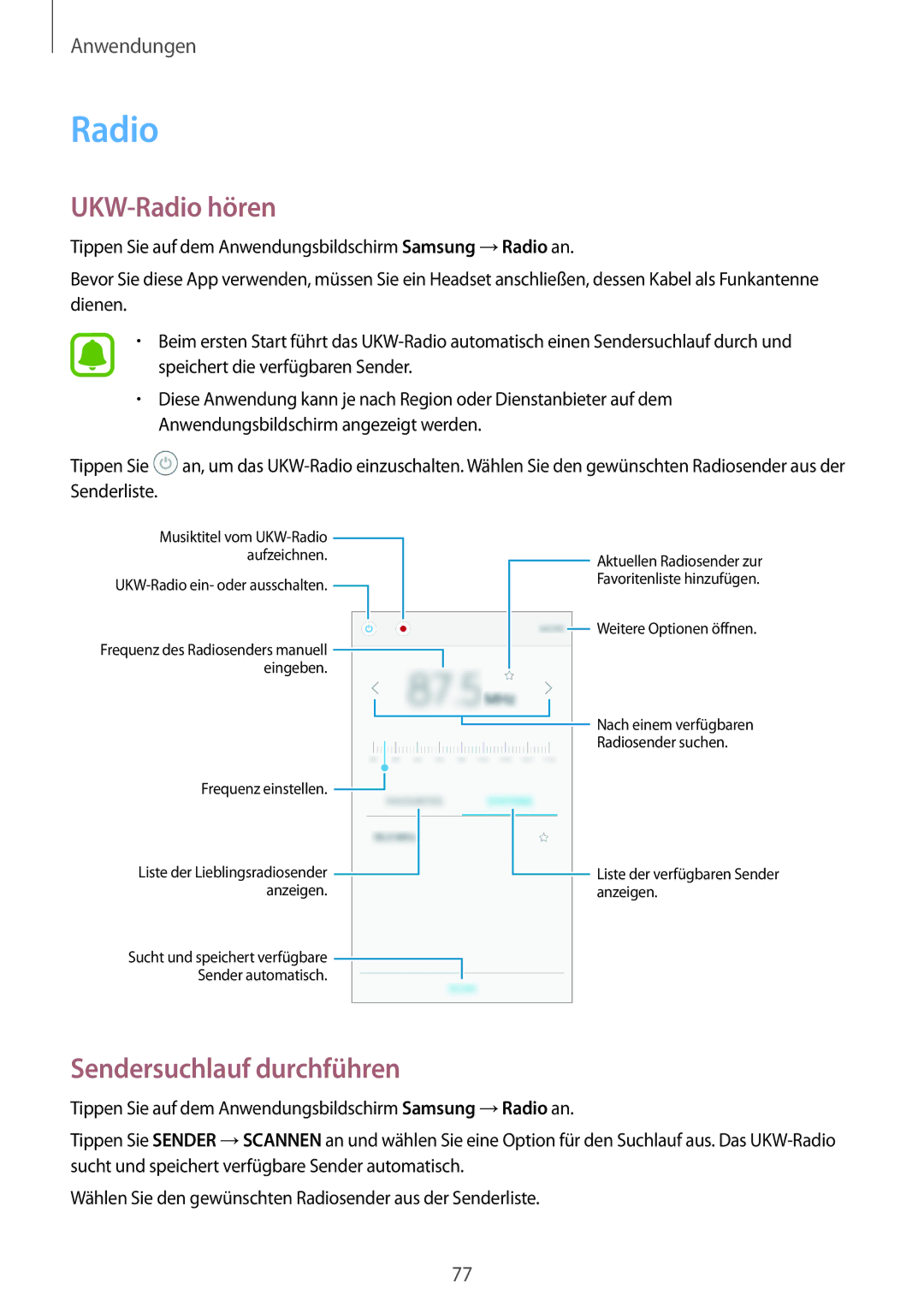 Samsung SM-J510FZKNXEO, SM-J510FZKNOPT, SM-J510FZDNMEO, SM-J510FZDNATO manual UKW-Radio hören, Sendersuchlauf durchführen 