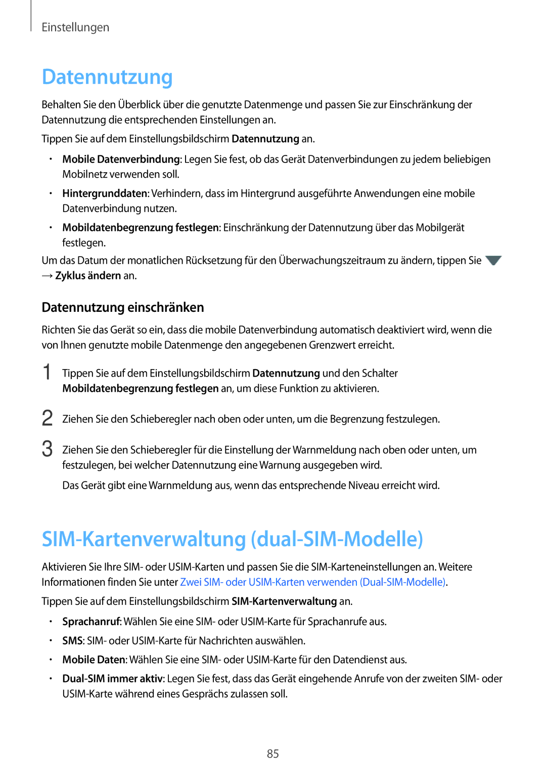 Samsung SM-J510FZKNVD2 manual SIM-Kartenverwaltung dual-SIM-Modelle, Datennutzung einschränken, → Zyklus ändern an 