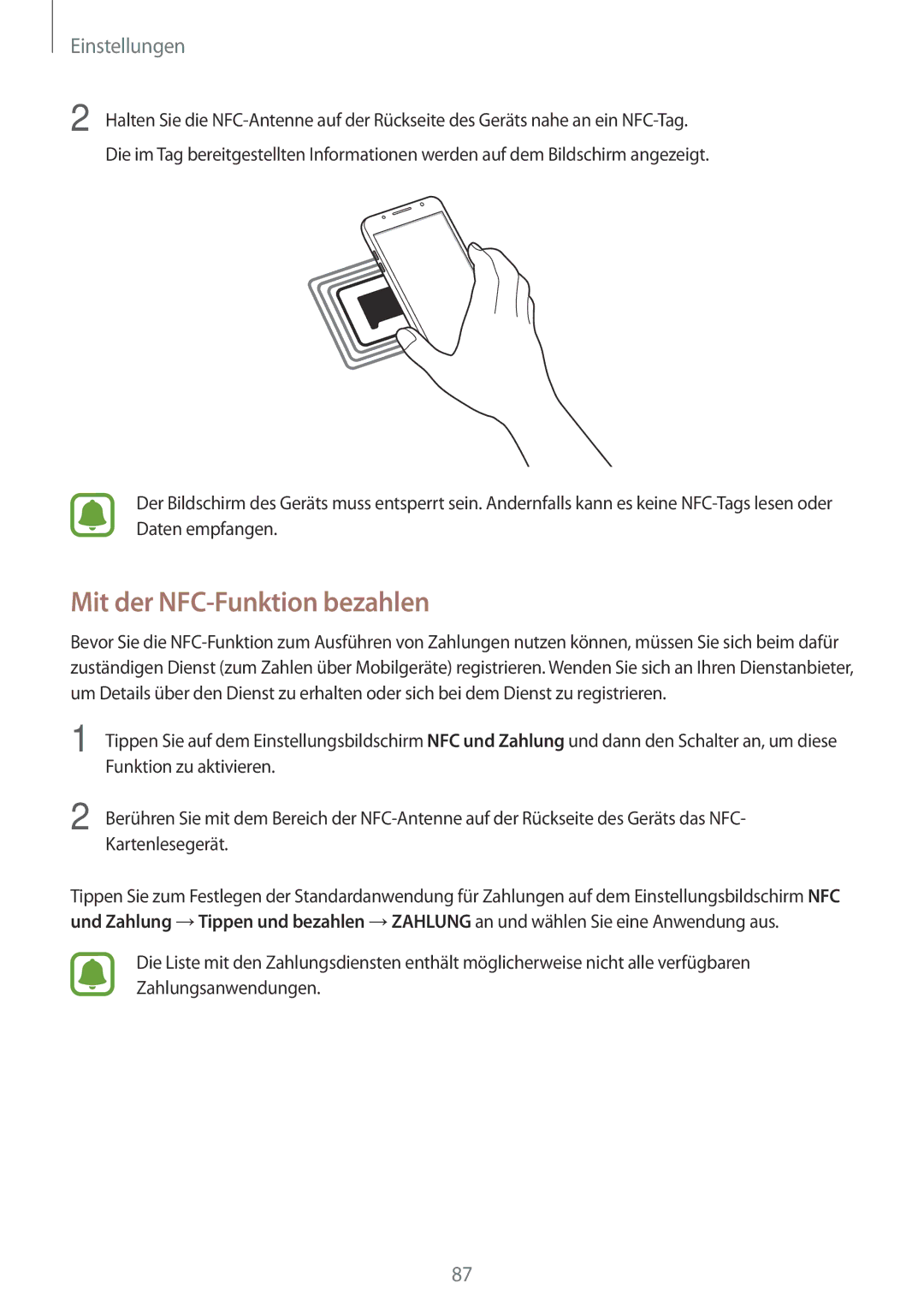 Samsung SM-J510FZDNTCL, SM-J510FZKNOPT, SM-J510FZDNMEO, SM-J510FZDNATO, SM-J510FZDNEUR manual Mit der NFC-Funktion bezahlen 