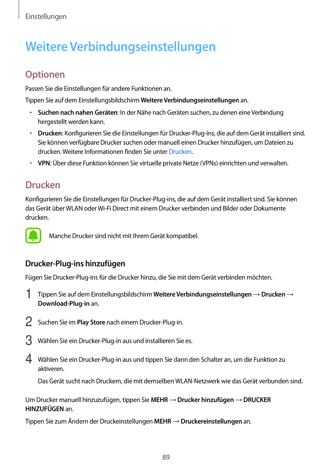 Samsung SM2J510FZKNDDE, SM-J510FZKNOPT Weitere Verbindungseinstellungen, Optionen, Drucken, Drucker-Plug-ins hinzufügen 