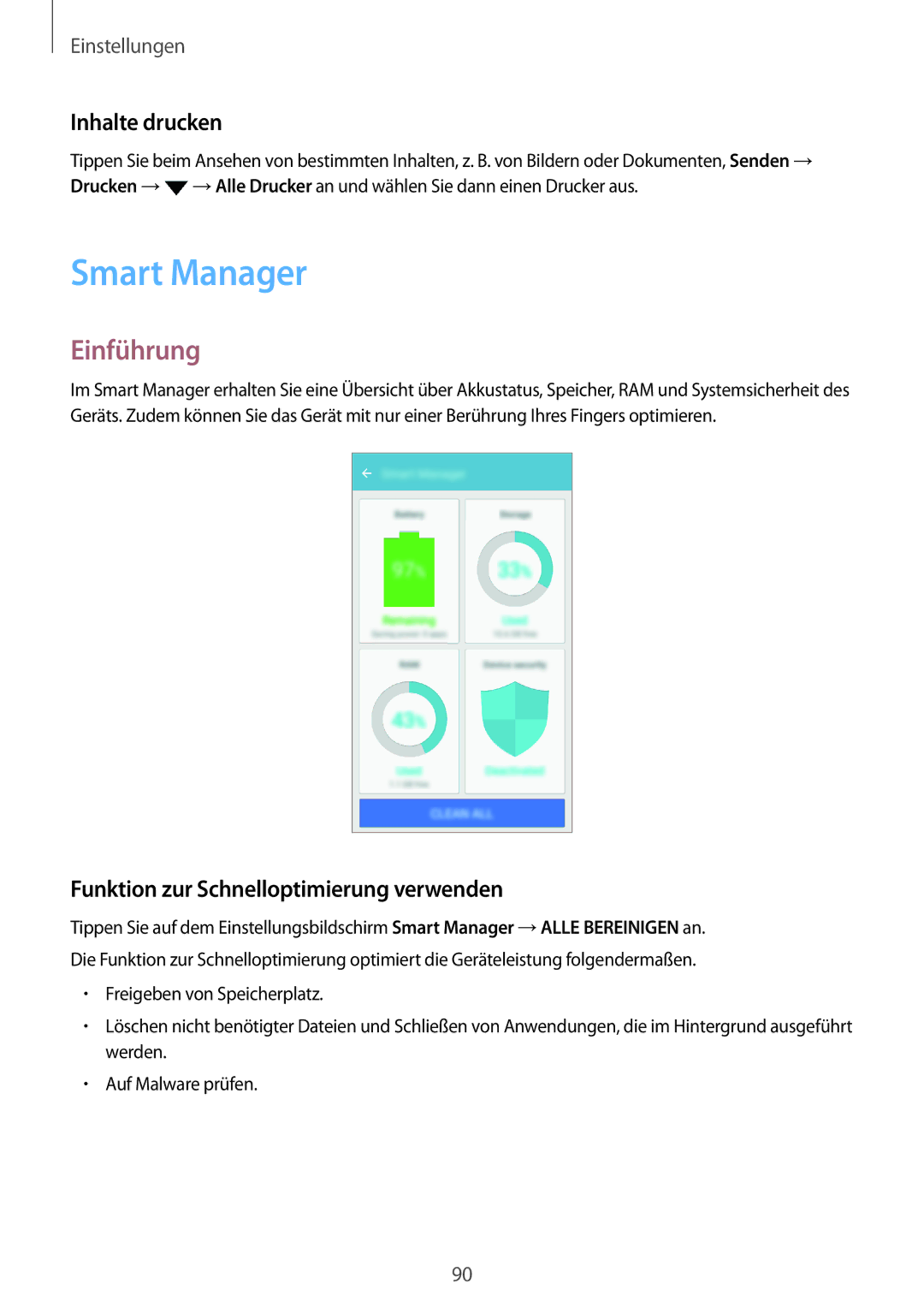 Samsung SM-J510FZWNMEO, SM-J510FZKNOPT manual Smart Manager, Inhalte drucken, Funktion zur Schnelloptimierung verwenden 