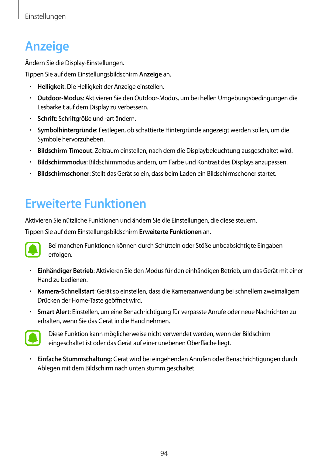 Samsung SM-J510FZKNDDE, SM-J510FZKNOPT, SM-J510FZDNMEO, SM-J510FZDNATO, SM-J510FZDNEUR manual Anzeige, Erweiterte Funktionen 