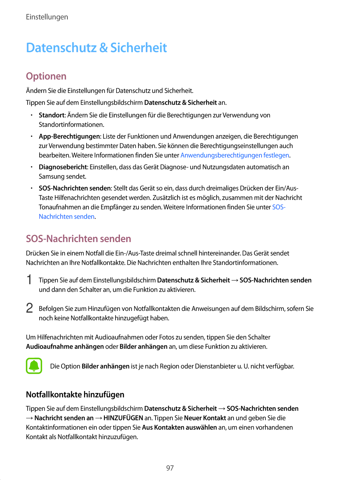 Samsung SM-J510FZDNXEF, SM-J510FZKNOPT manual Datenschutz & Sicherheit, SOS-Nachrichten senden, Notfallkontakte hinzufügen 