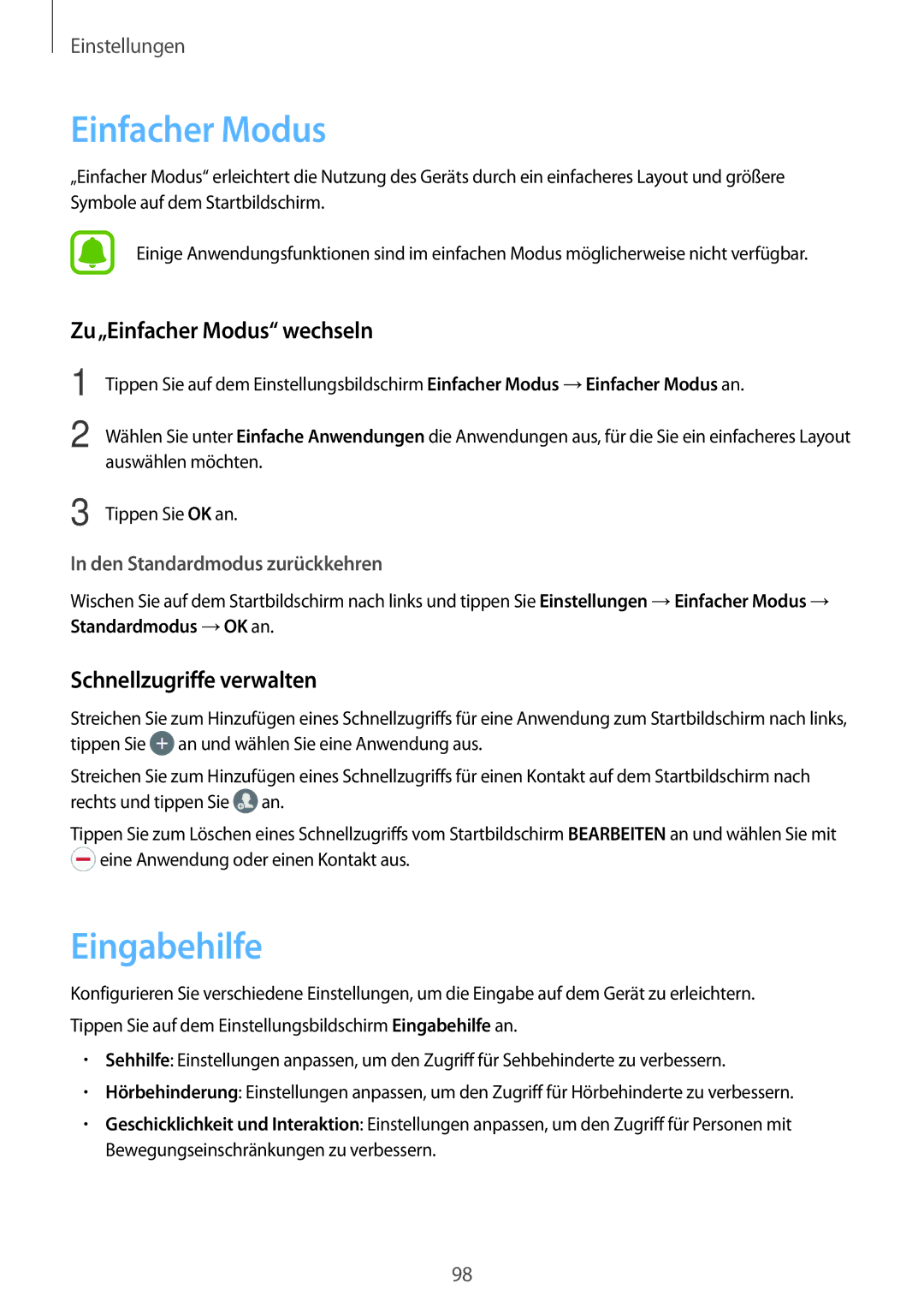 Samsung SM-J510FZKNXEF, SM-J510FZKNOPT manual Eingabehilfe, Zu„Einfacher Modus wechseln, Schnellzugriffe verwalten 