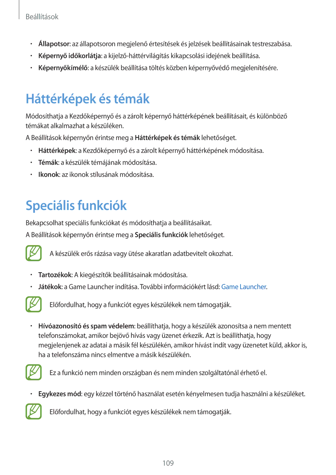 Samsung SM-J510FZKUXEH, SM-J510FZKNPAN, SM-J510FZDNPAN, SM-J510FZDUXEH manual Háttérképek és témák, Speciális funkciók 