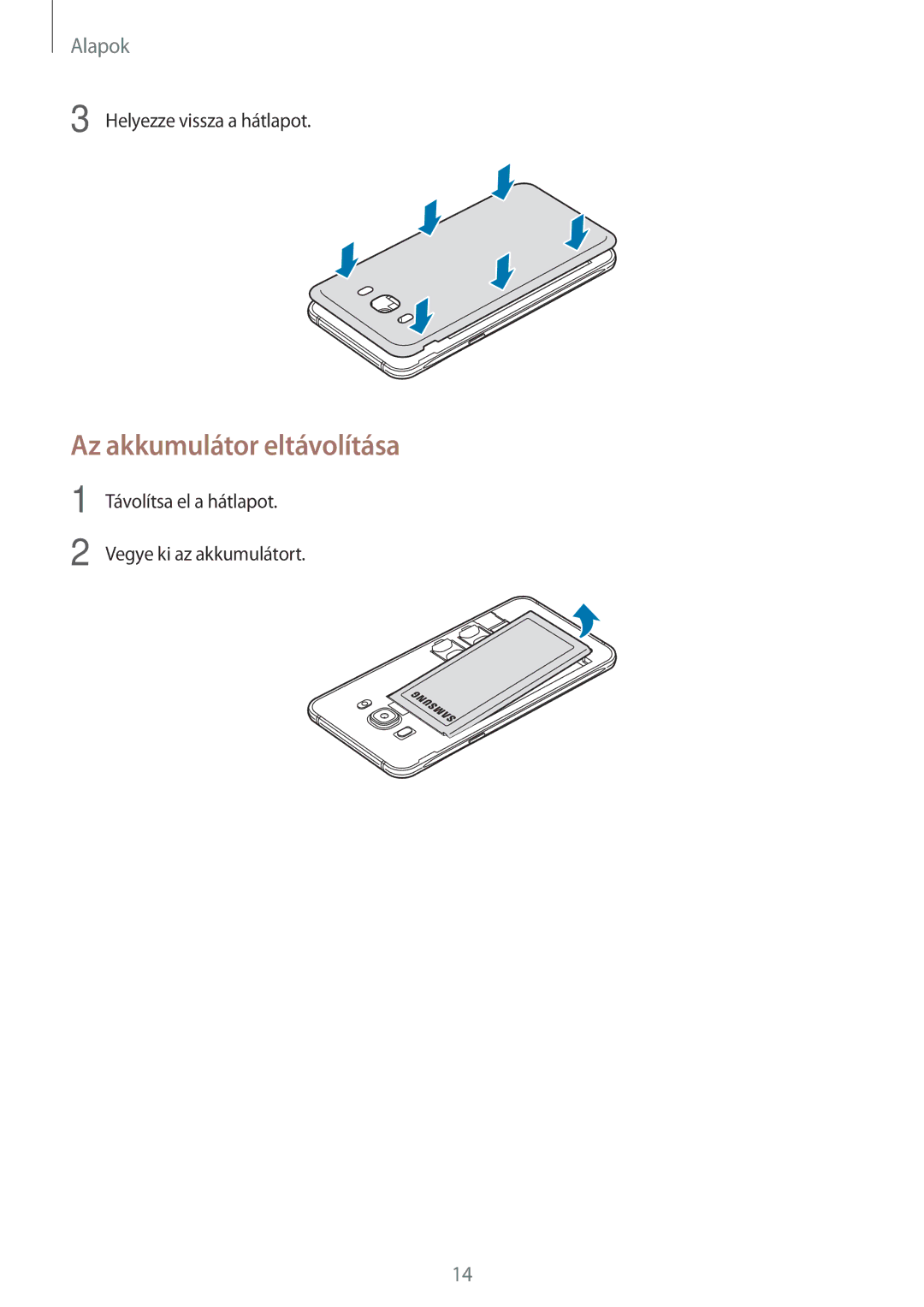 Samsung SM-J510FZKUXEH, SM-J510FZKNPAN, SM-J510FZDNPAN, SM-J510FZDUXEH, SM-J510FZWUXEH manual Az akkumulátor eltávolítása 