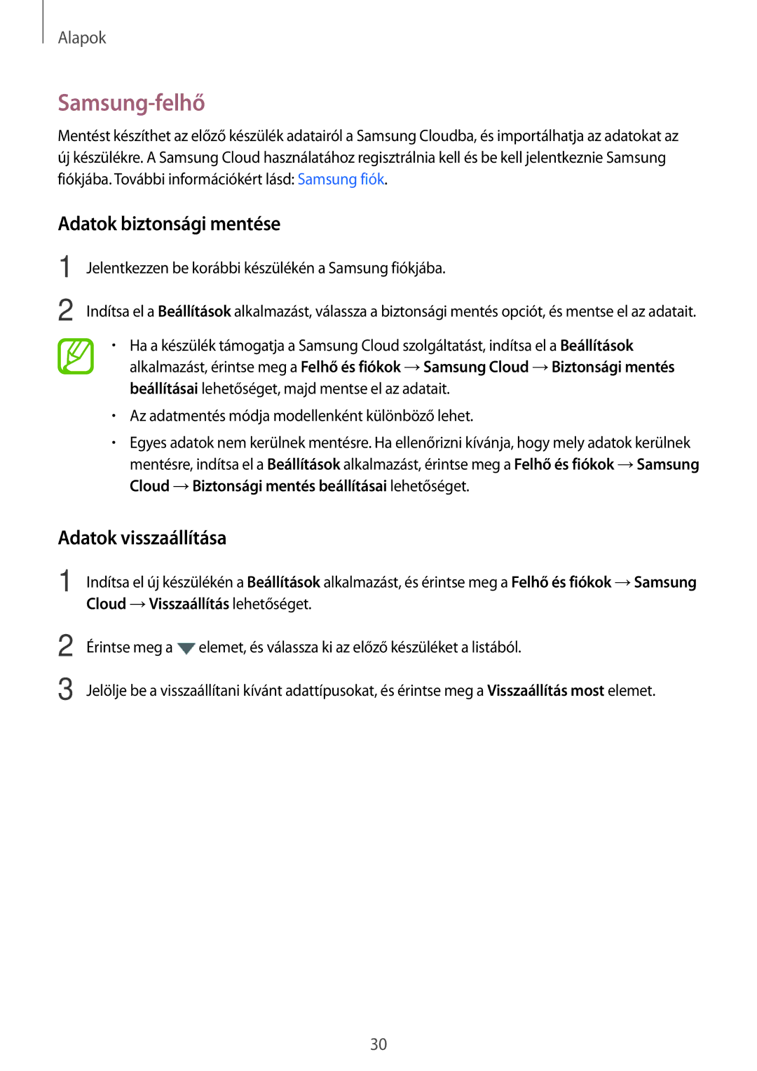 Samsung SM-J510FZKNPAN, SM-J510FZDNPAN, SM-J510FZDUXEH manual Samsung-felhő, Adatok biztonsági mentése, Adatok visszaállítása 