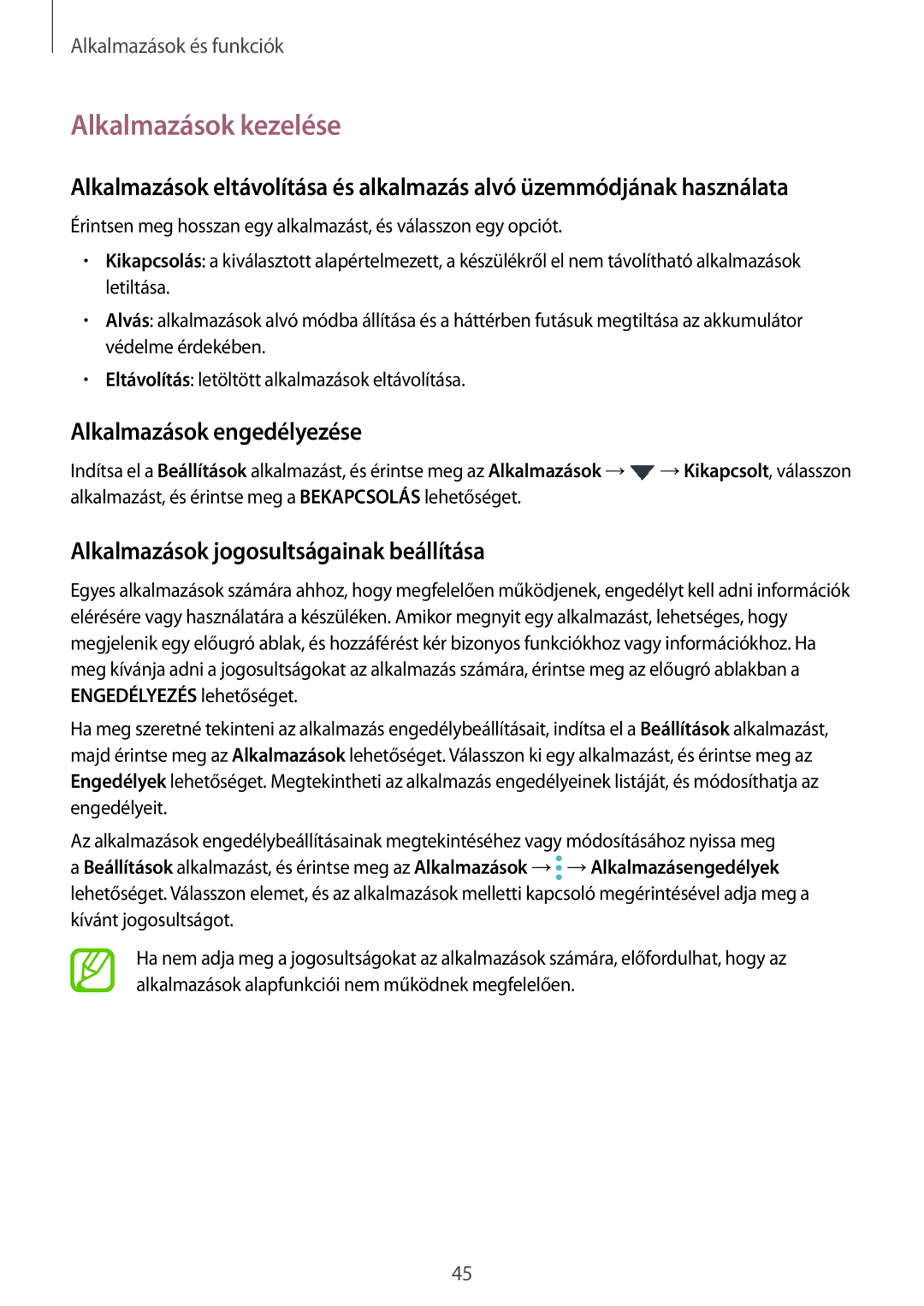 Samsung SM-J510FZKNPAN manual Alkalmazások kezelése, Alkalmazások engedélyezése, Alkalmazások jogosultságainak beállítása 