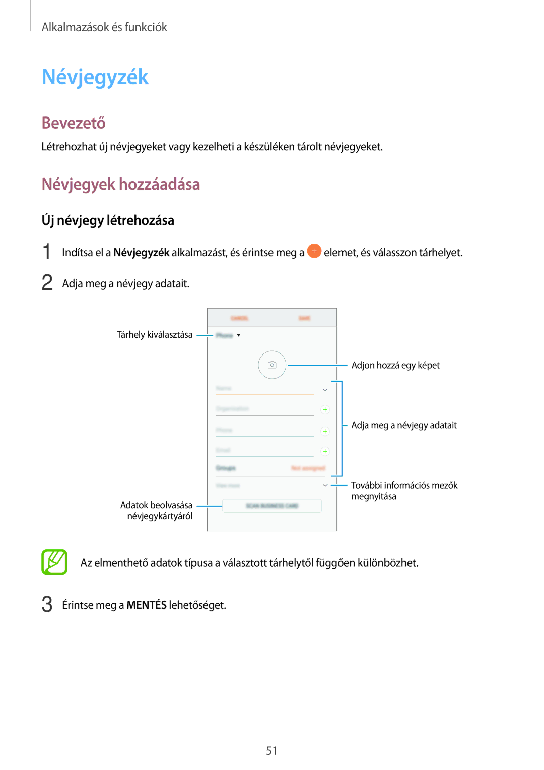 Samsung SM-J510FZDNPAN, SM-J510FZKNPAN, SM-J510FZDUXEH manual Névjegyzék, Névjegyek hozzáadása, Új névjegy létrehozása 