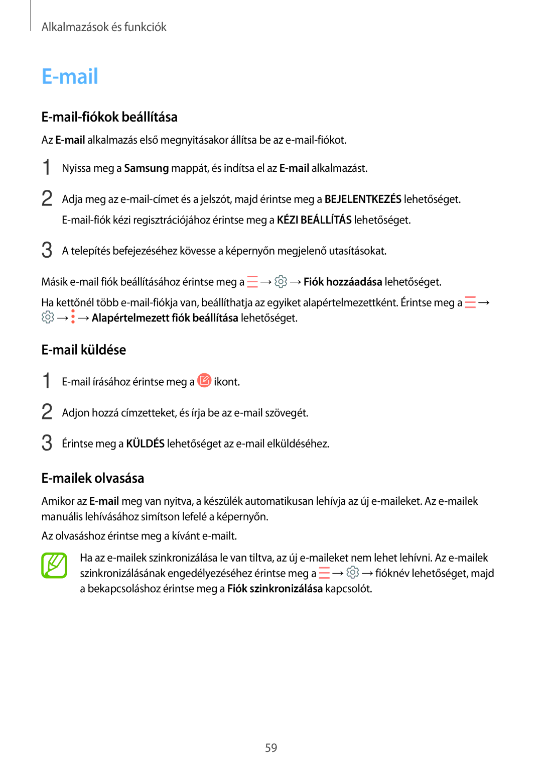 Samsung SM-J510FZKUXEH, SM-J510FZKNPAN, SM-J510FZDNPAN manual Mail-fiókok beállítása, Mail küldése, Mailek olvasása 