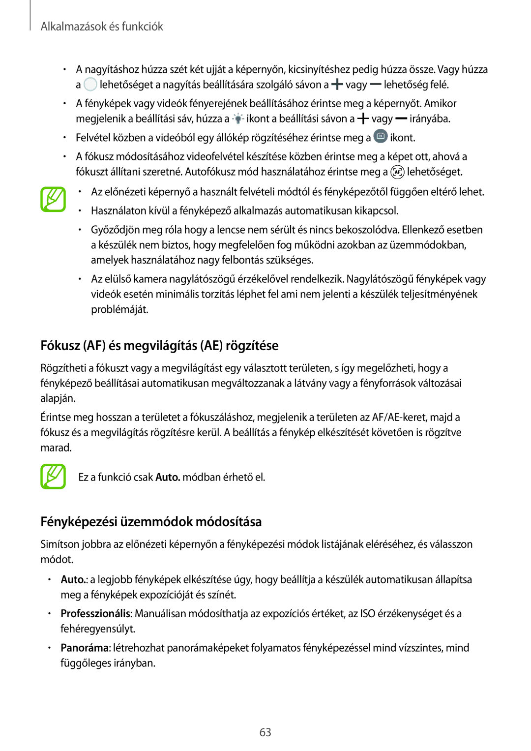 Samsung SM-J510FZWUXEH, SM-J510FZKNPAN manual Fókusz AF és megvilágítás AE rögzítése, Fényképezési üzemmódok módosítása 