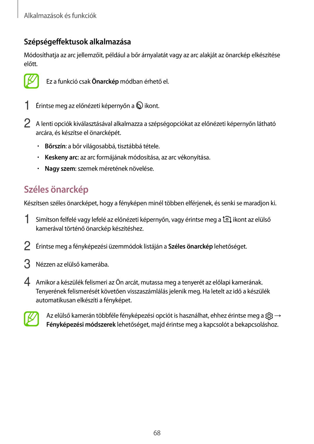 Samsung SM-J510FZWUXEH, SM-J510FZKNPAN, SM-J510FZDNPAN, SM-J510FZDUXEH manual Széles önarckép, Szépségeffektusok alkalmazása 