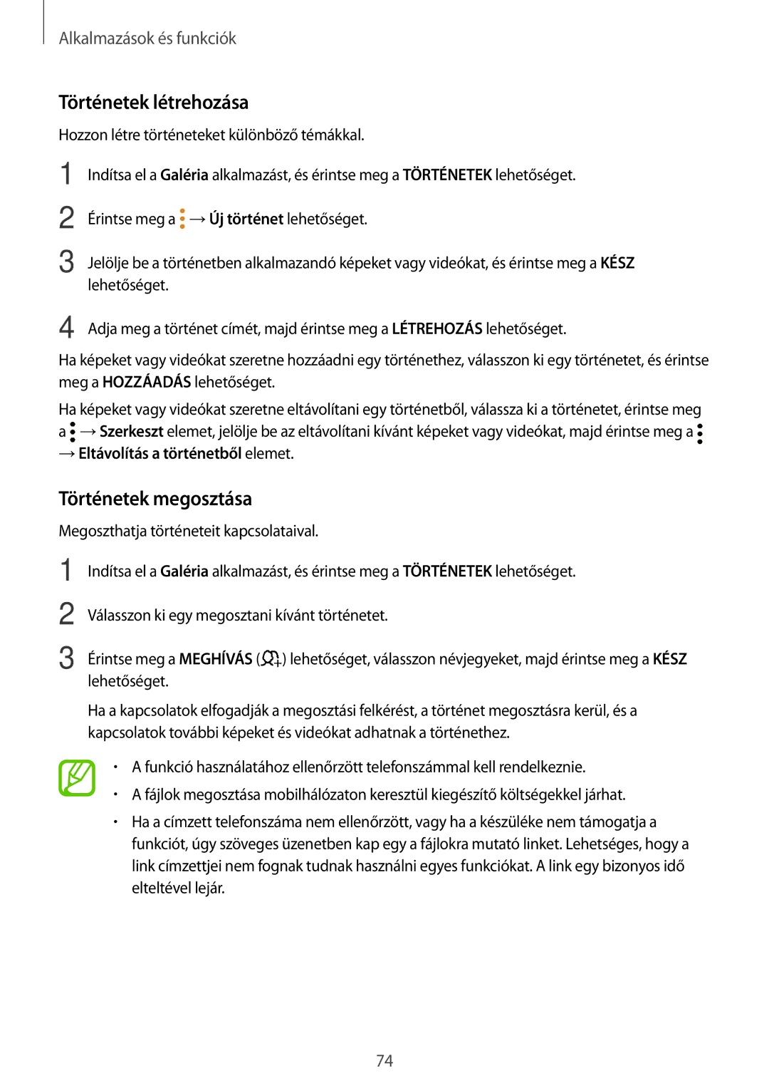 Samsung SM-J510FZKUXEH, SM-J510FZKNPAN, SM-J510FZDNPAN, SM-J510FZDUXEH manual Történetek létrehozása, Történetek megosztása 