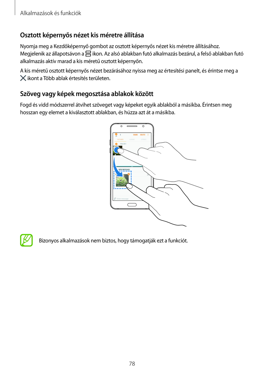 Samsung SM-J510FZWUXEH manual Osztott képernyős nézet kis méretre állítása, Szöveg vagy képek megosztása ablakok között 