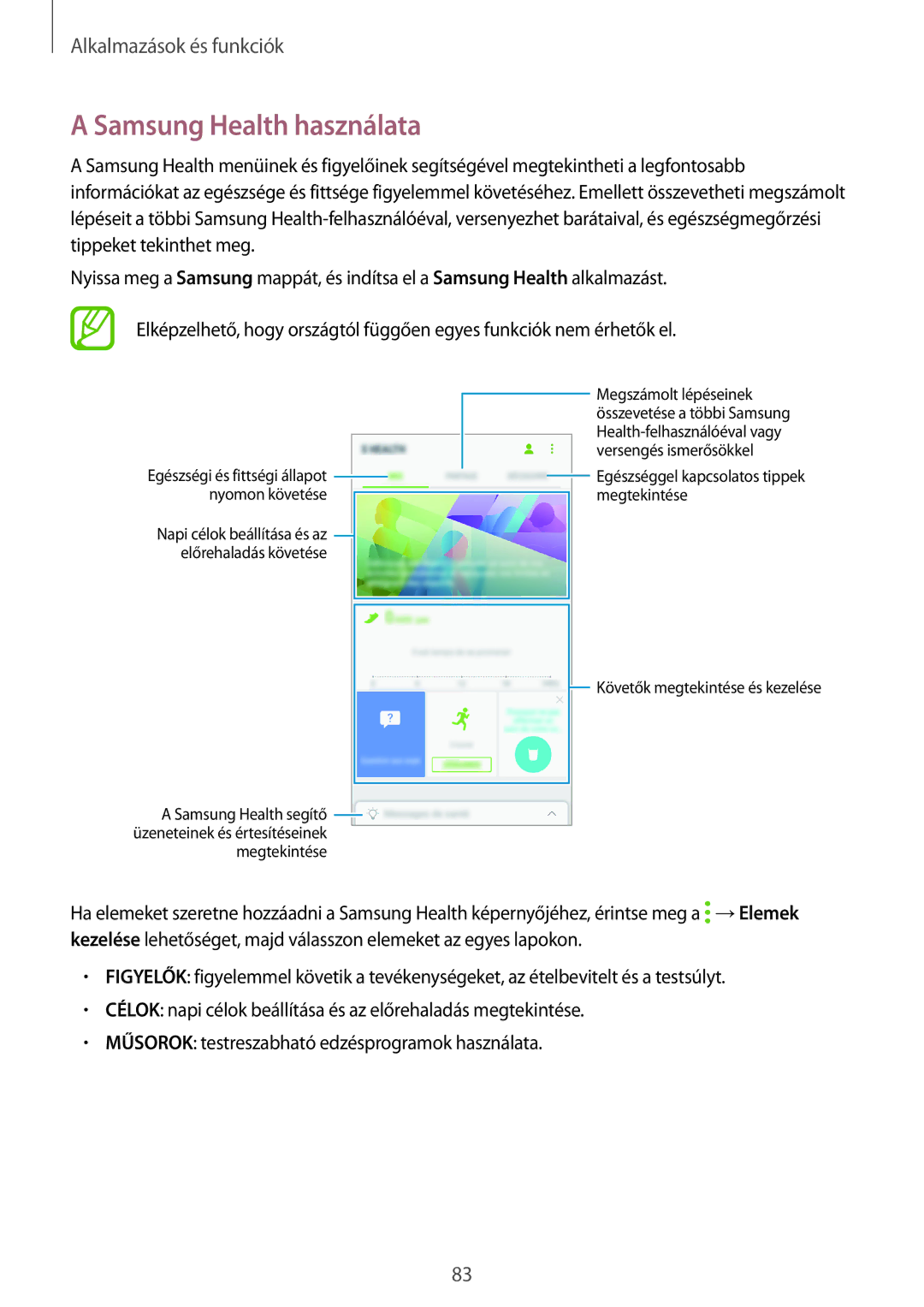 Samsung SM-J510FZWUXEH, SM-J510FZKNPAN manual Samsung Health használata, Egészségi és fittségi állapot Nyomon követése 