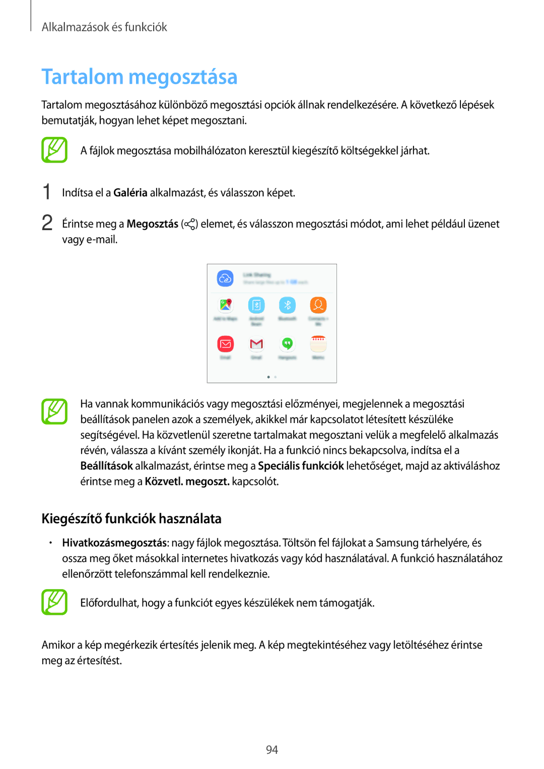 Samsung SM-J510FZKUXEH, SM-J510FZKNPAN, SM-J510FZDNPAN, SM-J510FZDUXEH Tartalom megosztása, Kiegészítő funkciók használata 