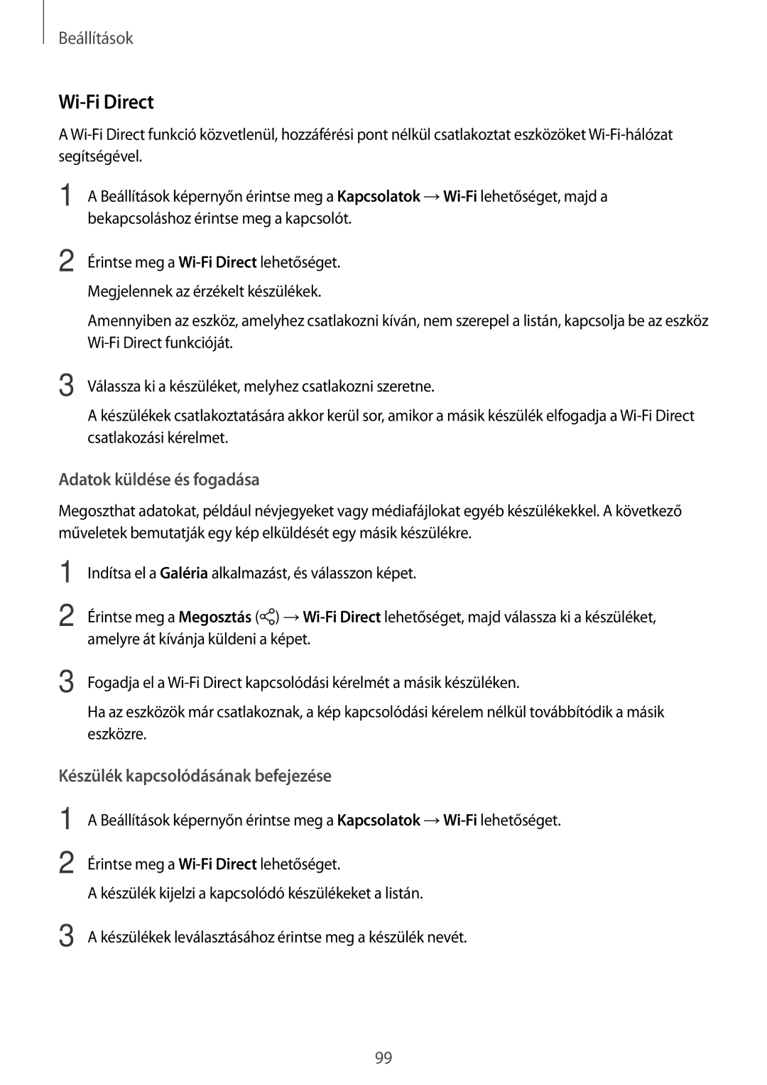 Samsung SM-J510FZKUXEH, SM-J510FZKNPAN, SM-J510FZDNPAN, SM-J510FZDUXEH manual Wi-Fi Direct, Adatok küldése és fogadása 