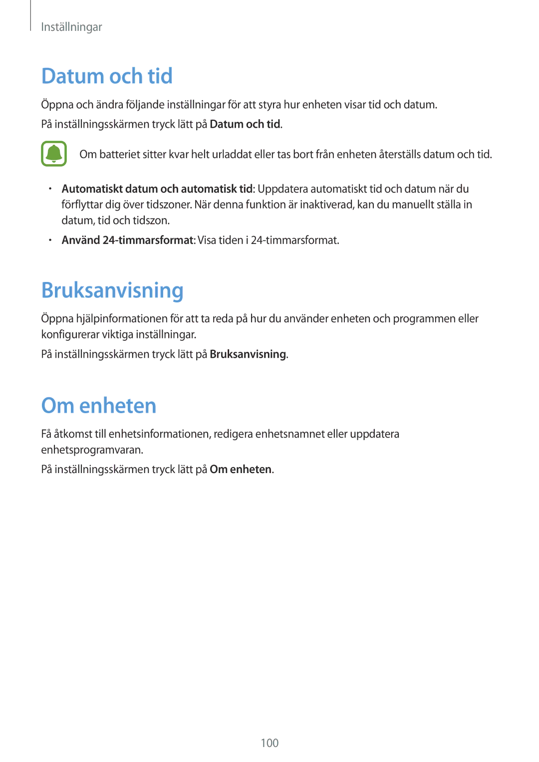 Samsung SM-J510FZKUNEE Datum och tid, Bruksanvisning, Om enheten, Använd 24-timmarsformat Visa tiden i 24-timmarsformat 