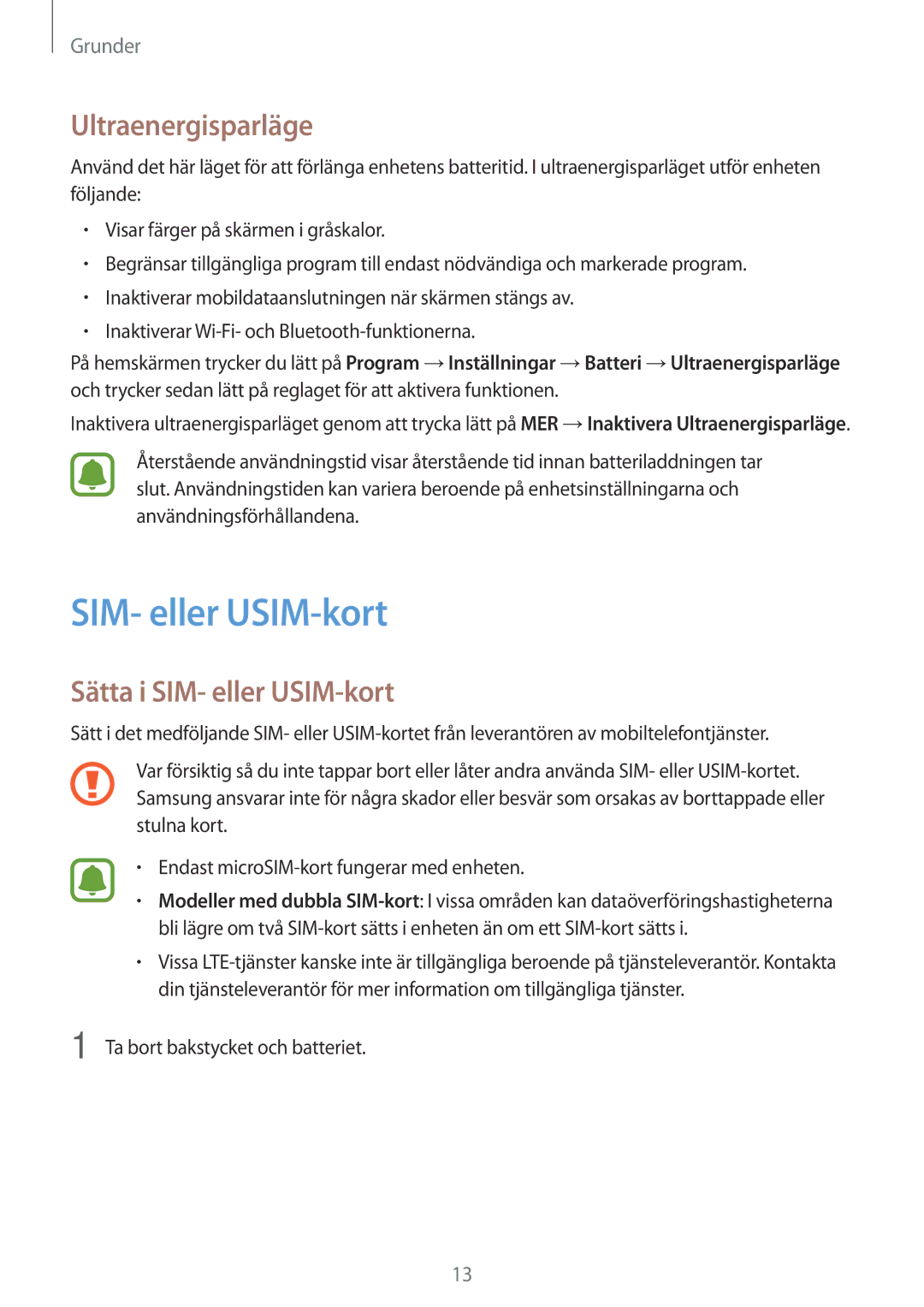 Samsung SM-J510FZKNNEE manual Ultraenergisparläge, Sätta i SIM- eller USIM-kort, Ta bort bakstycket och batteriet 