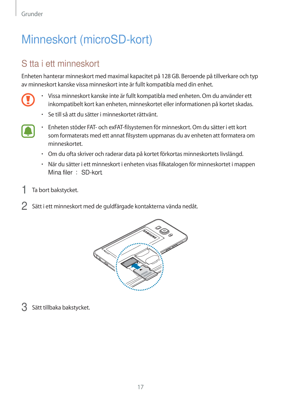 Samsung SM-J510FZKNNEE, SM-J510FZKUNEE, SM-J510FZWNNEE, SM-J510FZDNNEE manual Minneskort microSD-kort, Sätta i ett minneskort 