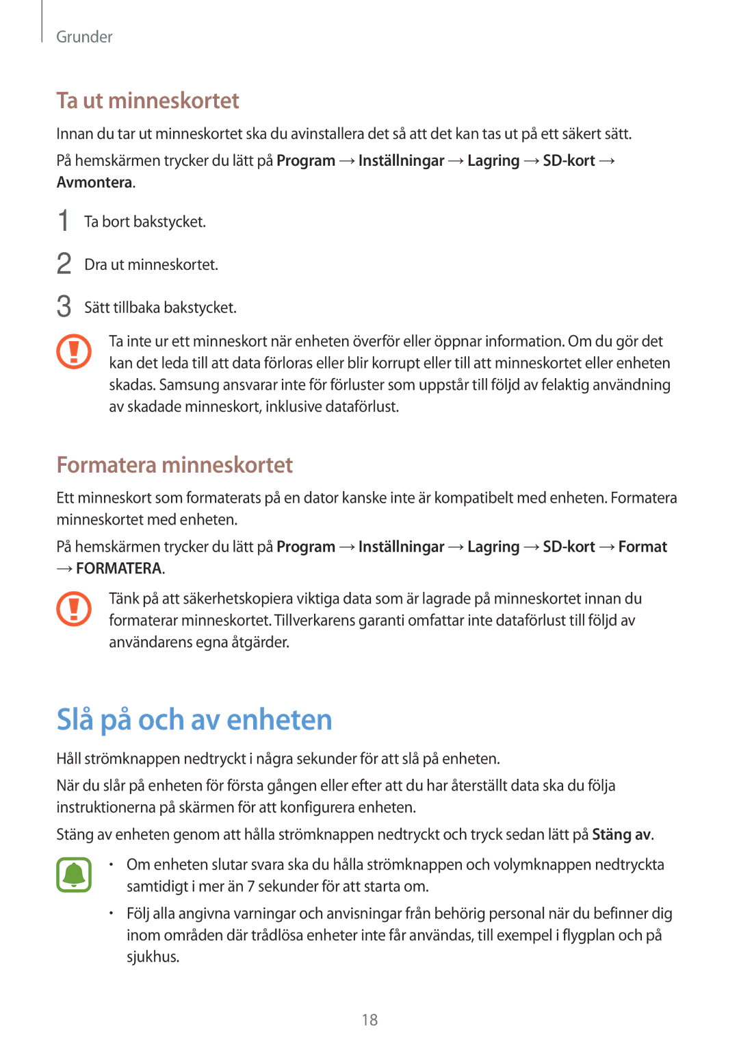 Samsung SM-J510FZWNNEE, SM-J510FZKUNEE, SM-J510FZKNNEE Slå på och av enheten, Ta ut minneskortet, Formatera minneskortet 