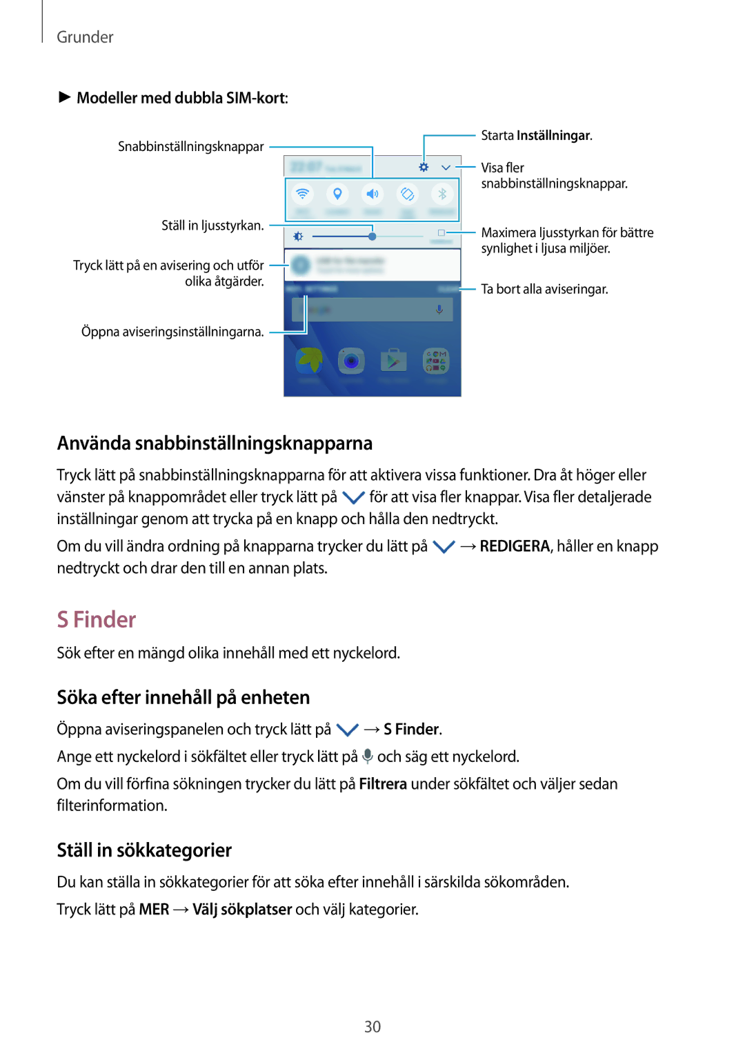 Samsung SM-J510FZWNNEE Finder, Använda snabbinställningsknapparna, Söka efter innehåll på enheten, Ställ in sökkategorier 