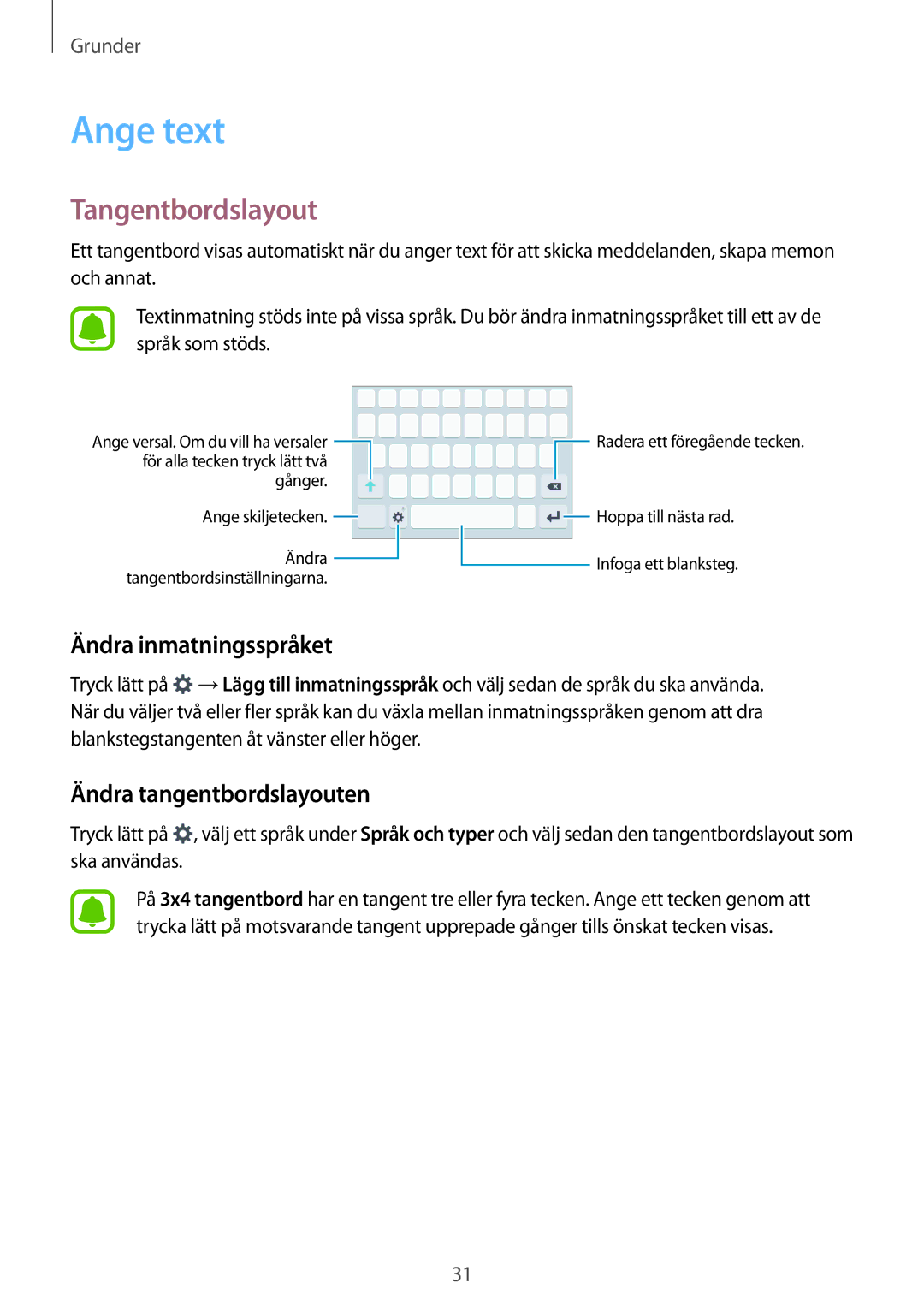 Samsung SM-J510FZDNNEE, SM-J510FZKUNEE Ange text, Tangentbordslayout, Ändra inmatningsspråket, Ändra tangentbordslayouten 