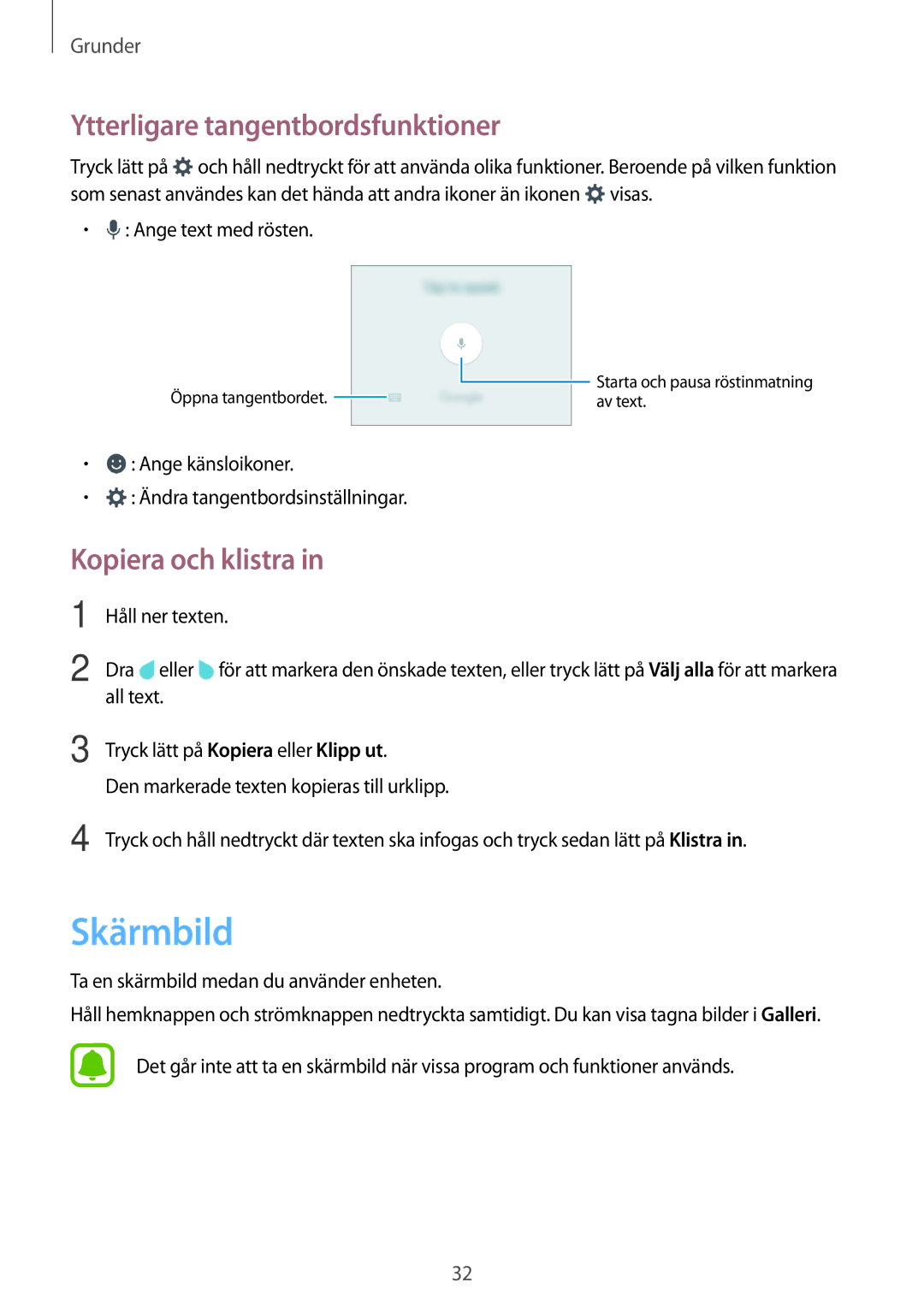 Samsung SM-J510FZKUNEE manual Skärmbild, Ytterligare tangentbordsfunktioner, Kopiera och klistra, Ange text med rösten 